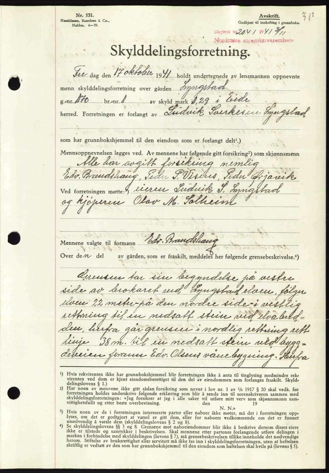 Nordmøre sorenskriveri, AV/SAT-A-4132/1/2/2Ca: Mortgage book no. A91, 1941-1942, Diary no: : 2041/1941