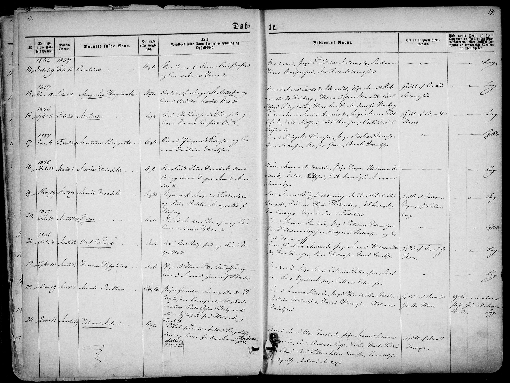 Larvik kirkebøker, AV/SAKO-A-352/F/Fa/L0004: Parish register (official) no. I 4, 1856-1870, p. 14