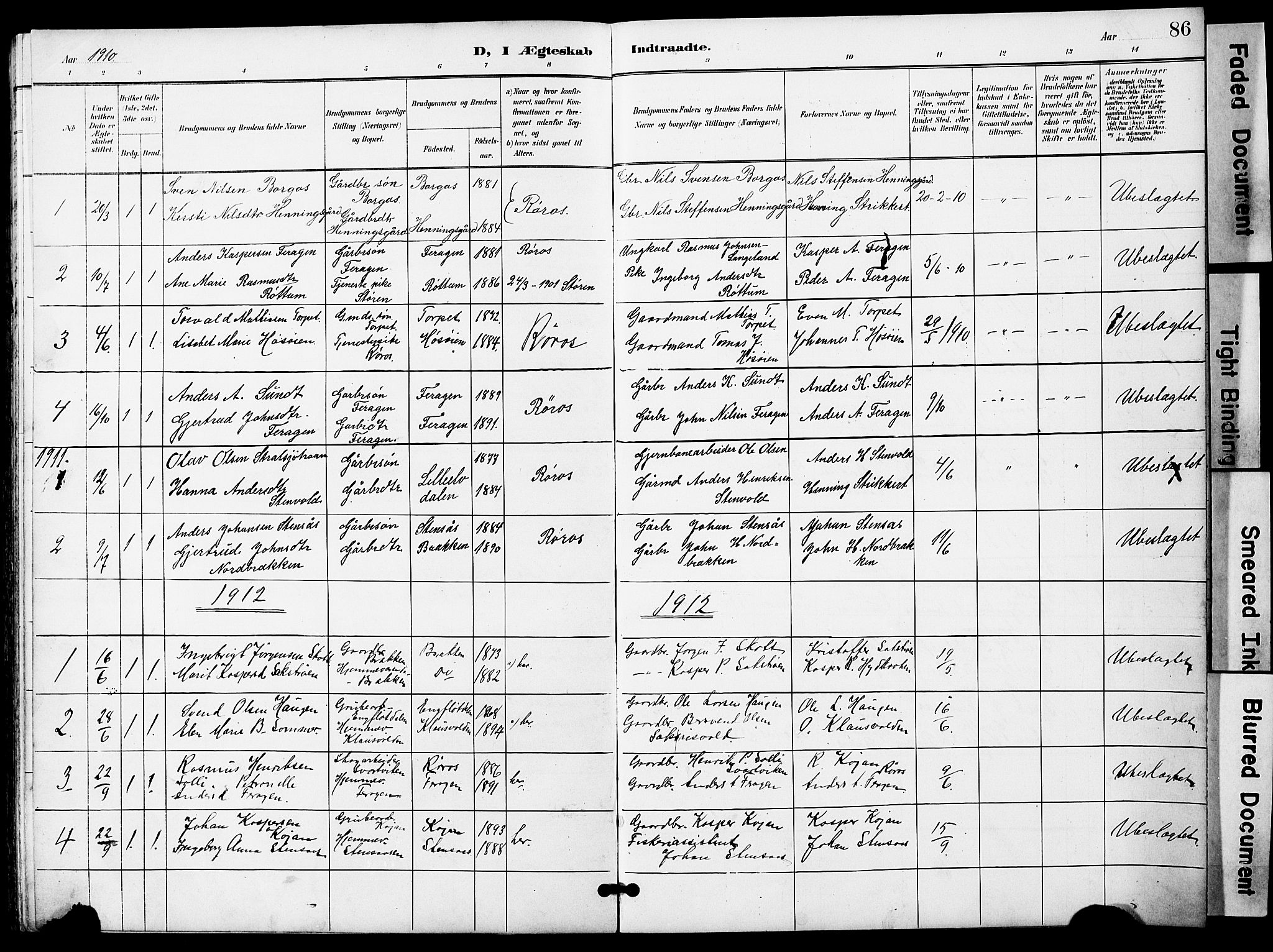 Ministerialprotokoller, klokkerbøker og fødselsregistre - Sør-Trøndelag, SAT/A-1456/683/L0950: Parish register (copy) no. 683C02, 1897-1918, p. 86