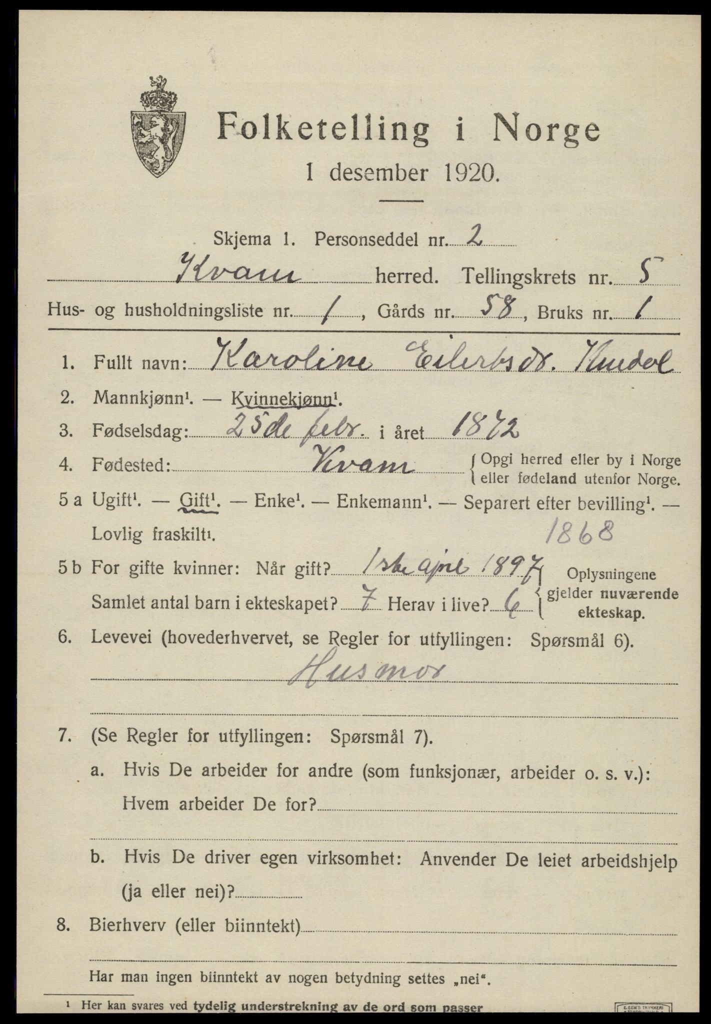 SAT, 1920 census for Kvam, 1920, p. 1379