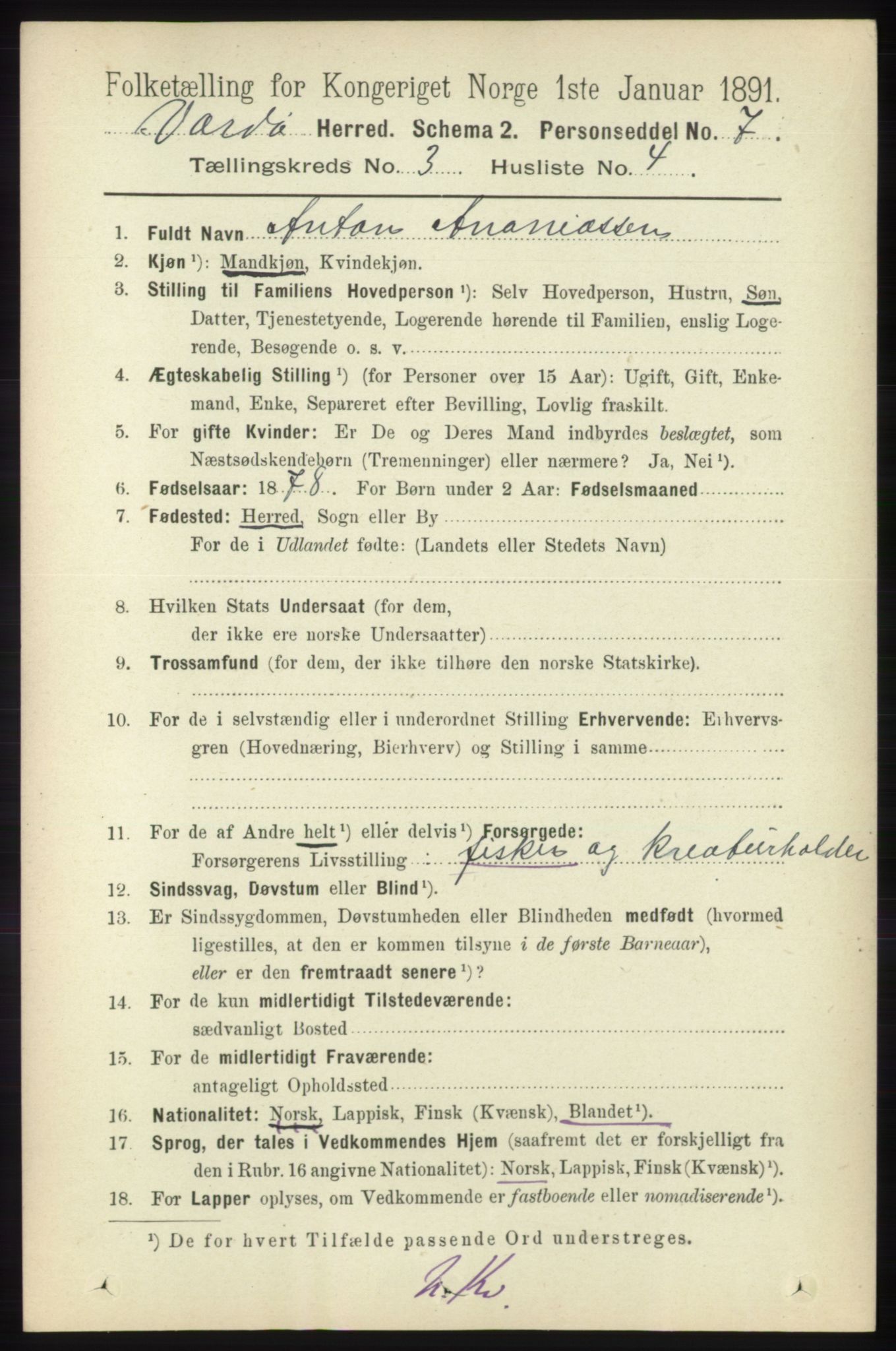 RA, 1891 census for 2028 Vardø, 1891, p. 841