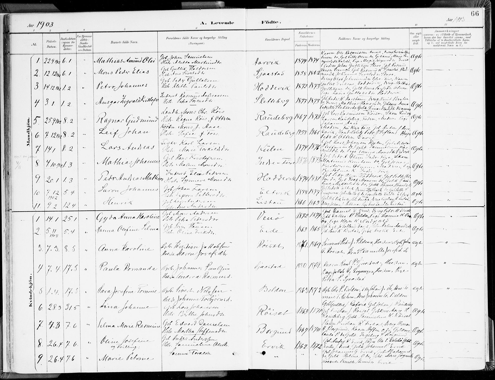 Selje sokneprestembete, SAB/A-99938/H/Ha/Haa/Haab: Parish register (official) no. B 2, 1891-1907, p. 66