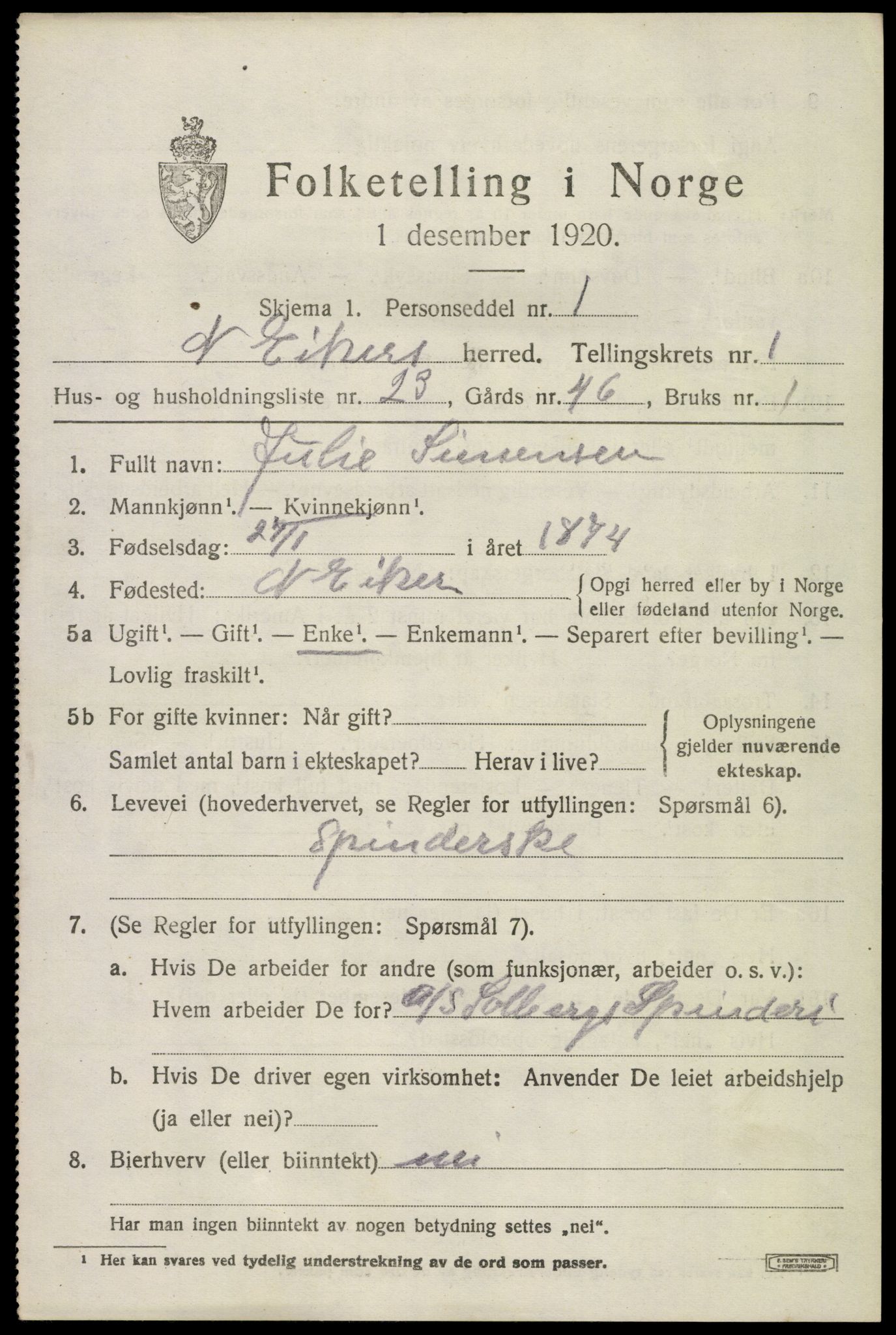 SAKO, 1920 census for Nedre Eiker, 1920, p. 2371