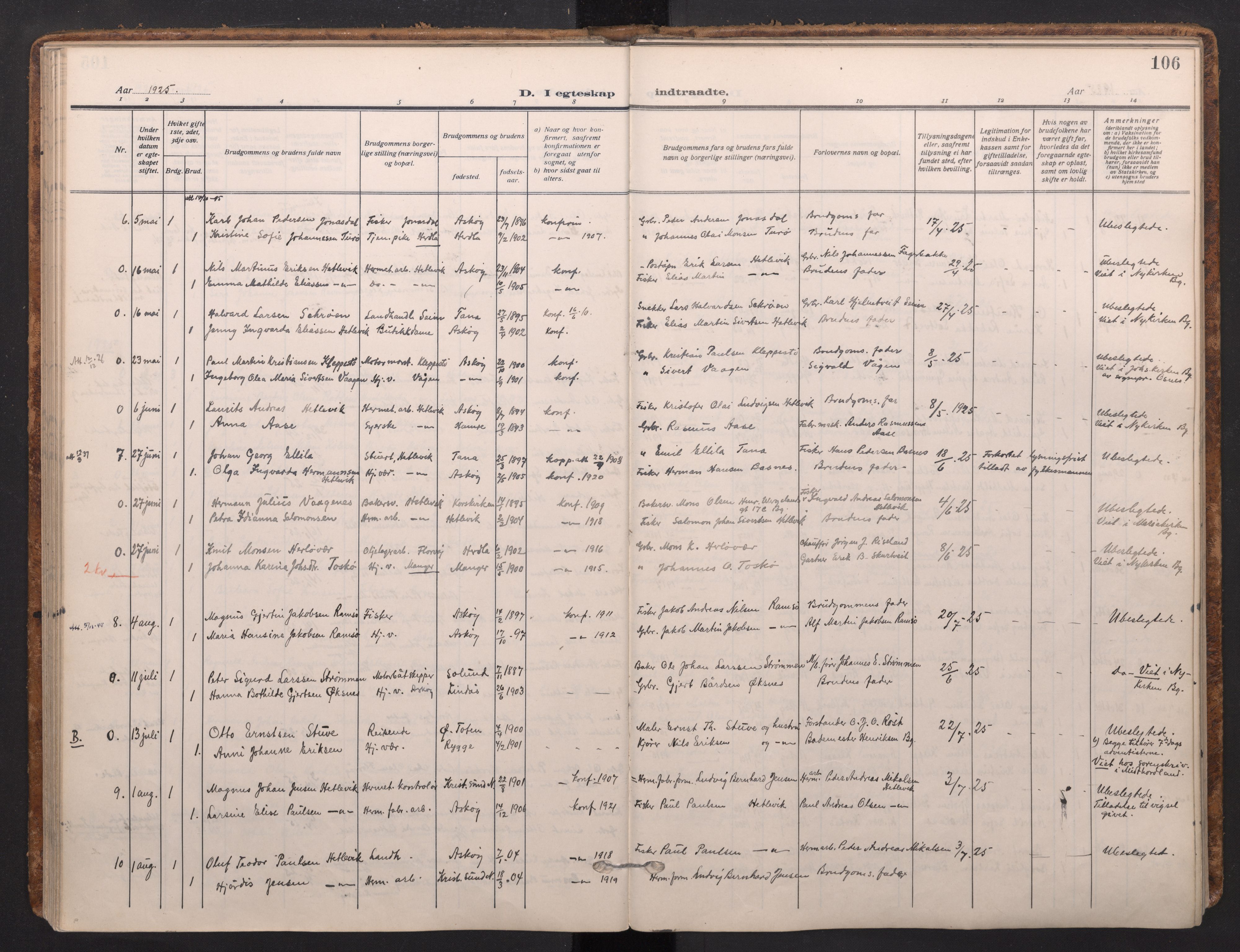 Askøy Sokneprestembete, SAB/A-74101/H/Ha/Haa/Haad/L0002: Parish register (official) no. D 2, 1915-1935, p. 106