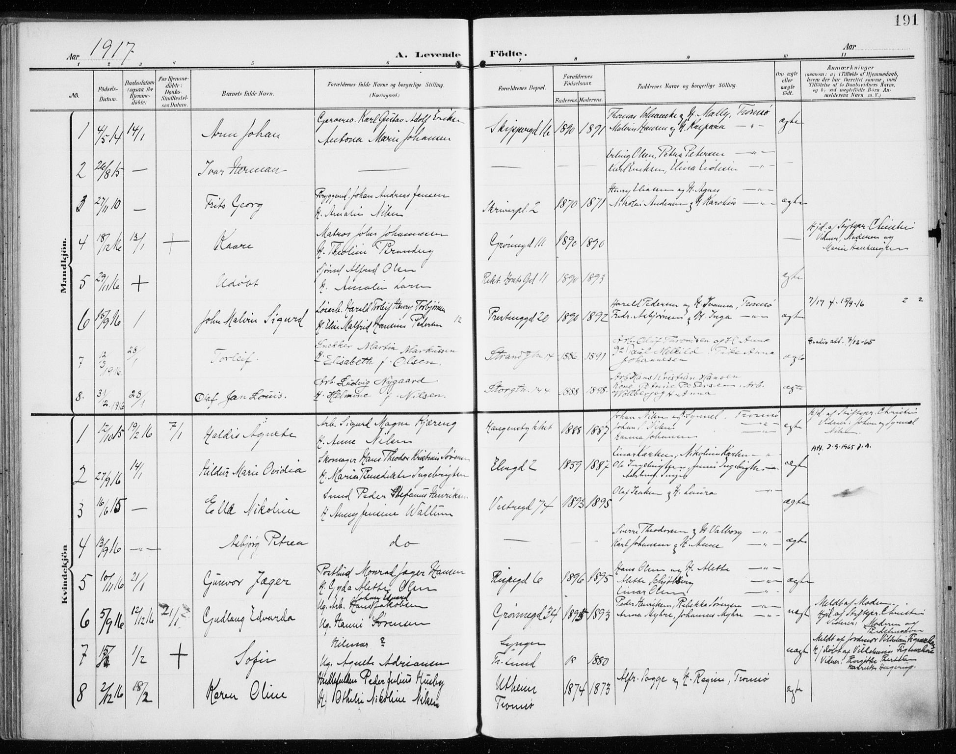 Tromsø sokneprestkontor/stiftsprosti/domprosti, AV/SATØ-S-1343/G/Ga/L0017kirke: Parish register (official) no. 17, 1907-1917, p. 191