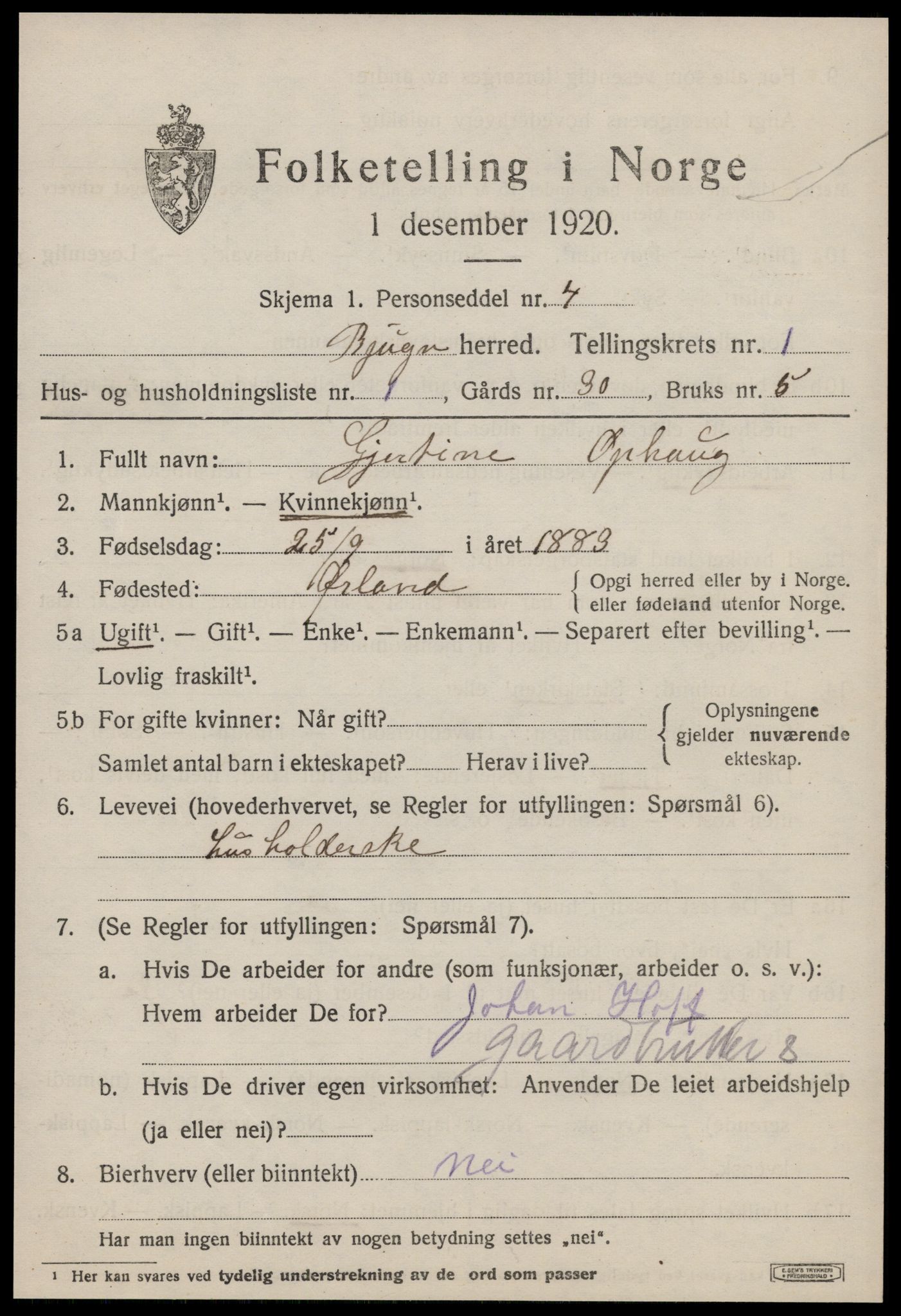 SAT, 1920 census for Bjugn, 1920, p. 497