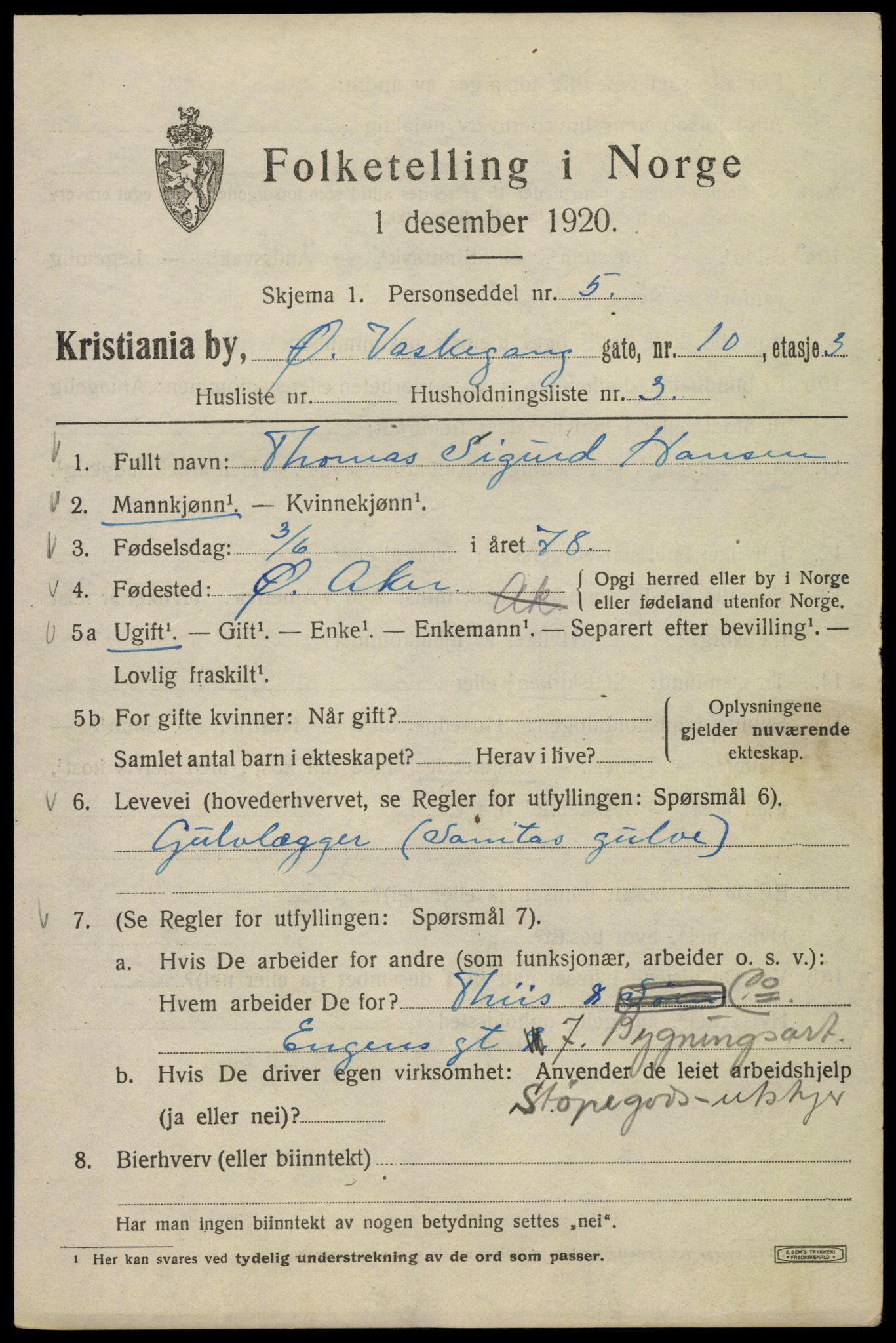 SAO, 1920 census for Kristiania, 1920, p. 658401