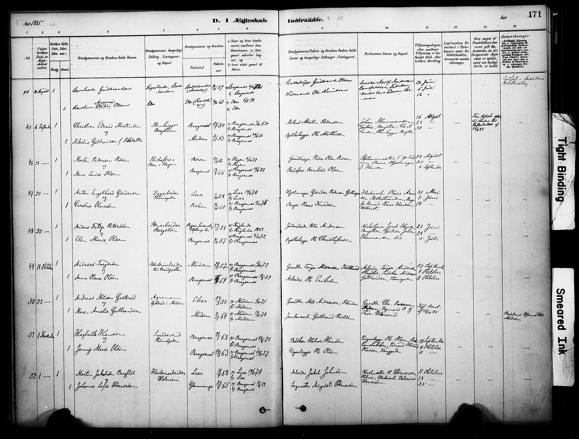 Bragernes kirkebøker, AV/SAKO-A-6/F/Fc/L0005: Parish register (official) no. III 5, 1878-1890, p. 171