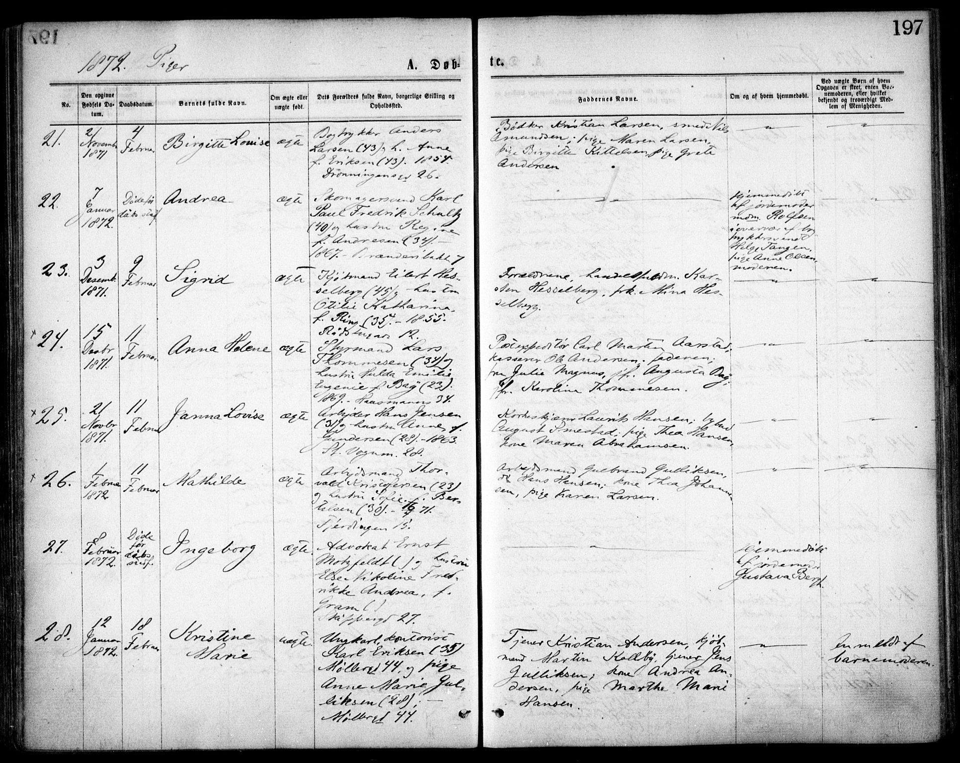 Oslo domkirke Kirkebøker, SAO/A-10752/F/Fa/L0017: Parish register (official) no. 17, 1869-1878, p. 197