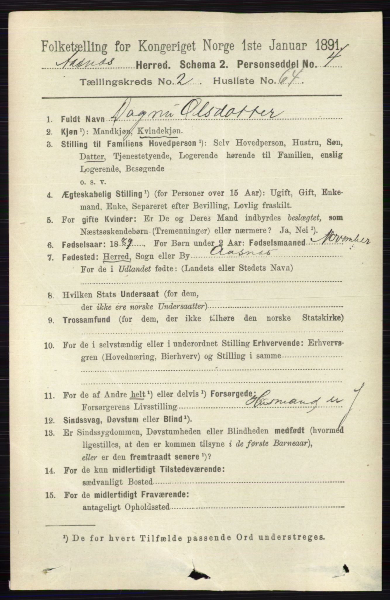 RA, 1891 census for 0425 Åsnes, 1891, p. 950