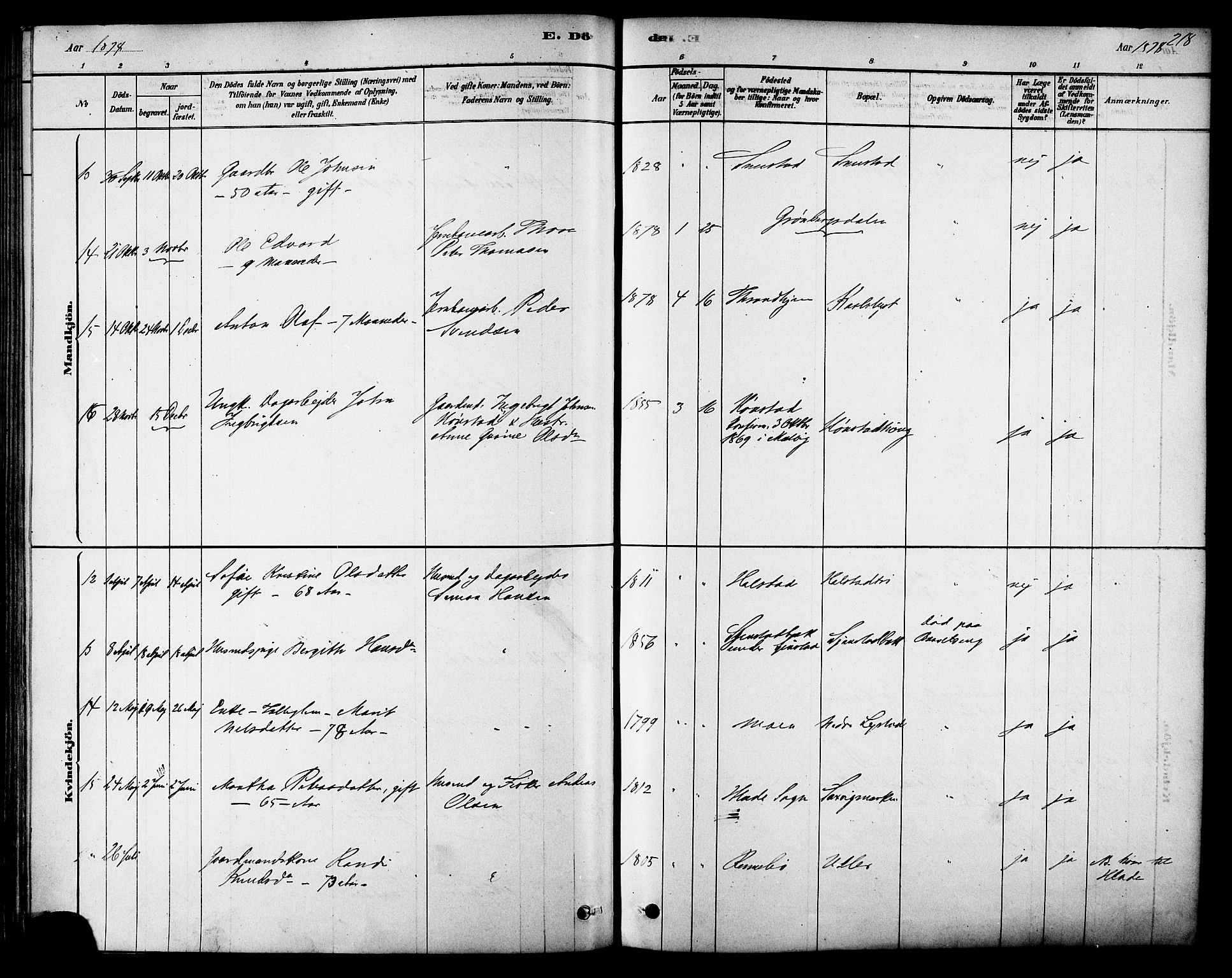 Ministerialprotokoller, klokkerbøker og fødselsregistre - Sør-Trøndelag, AV/SAT-A-1456/616/L0410: Parish register (official) no. 616A07, 1878-1893, p. 218