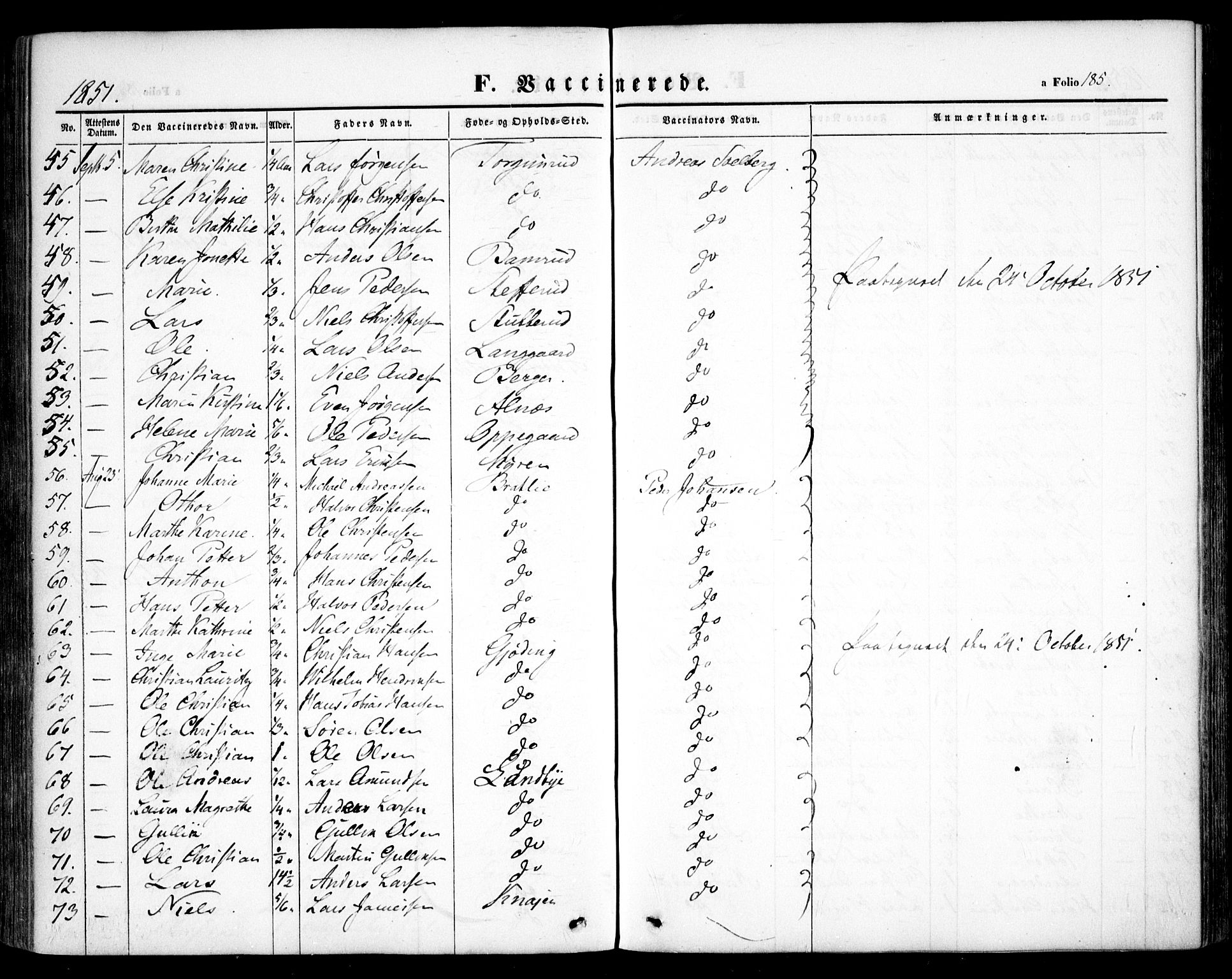 Hurdal prestekontor Kirkebøker, AV/SAO-A-10889/F/Fa/L0005: Parish register (official) no. I 5, 1846-1859, p. 185