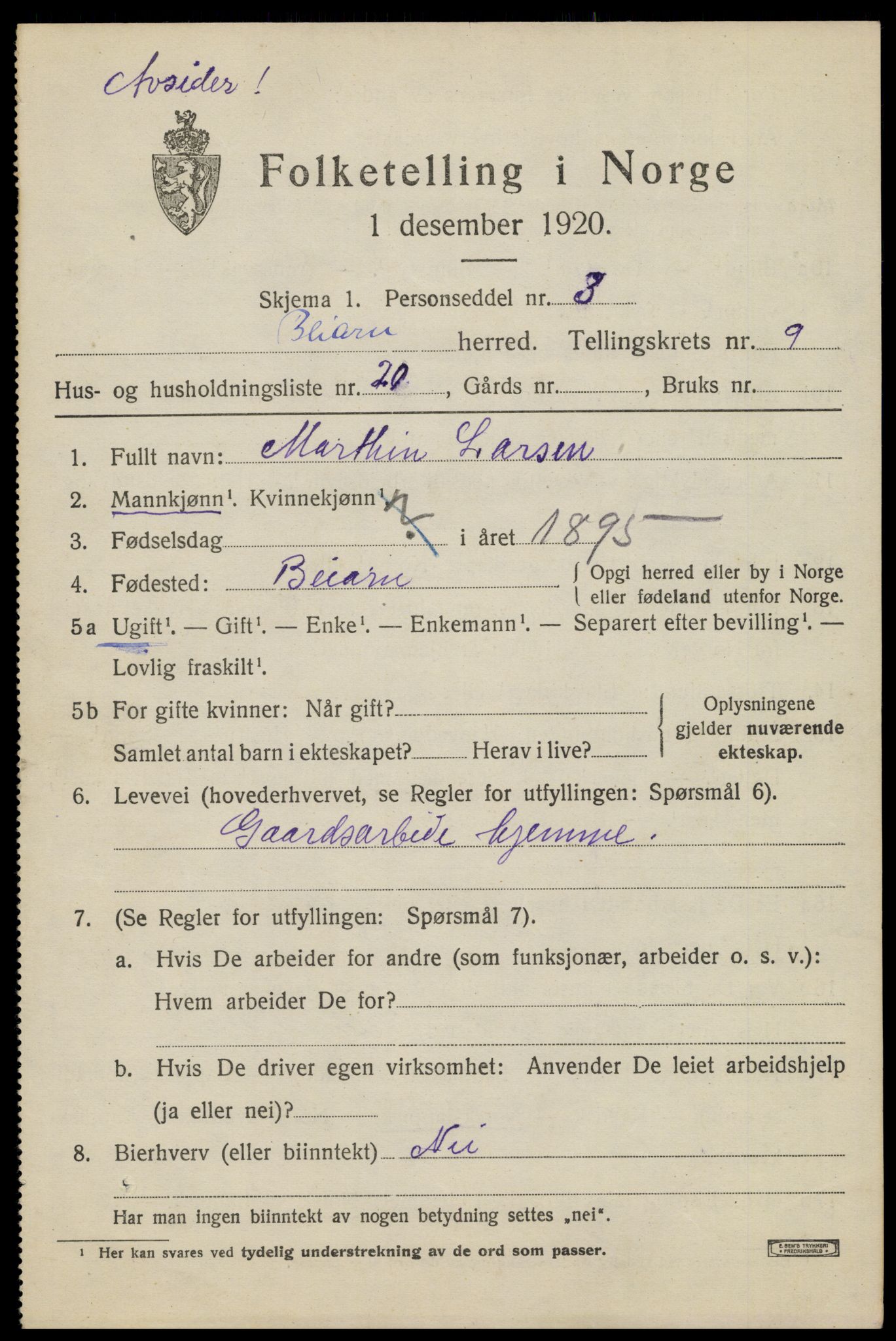 SAT, 1920 census for Beiarn, 1920, p. 4536