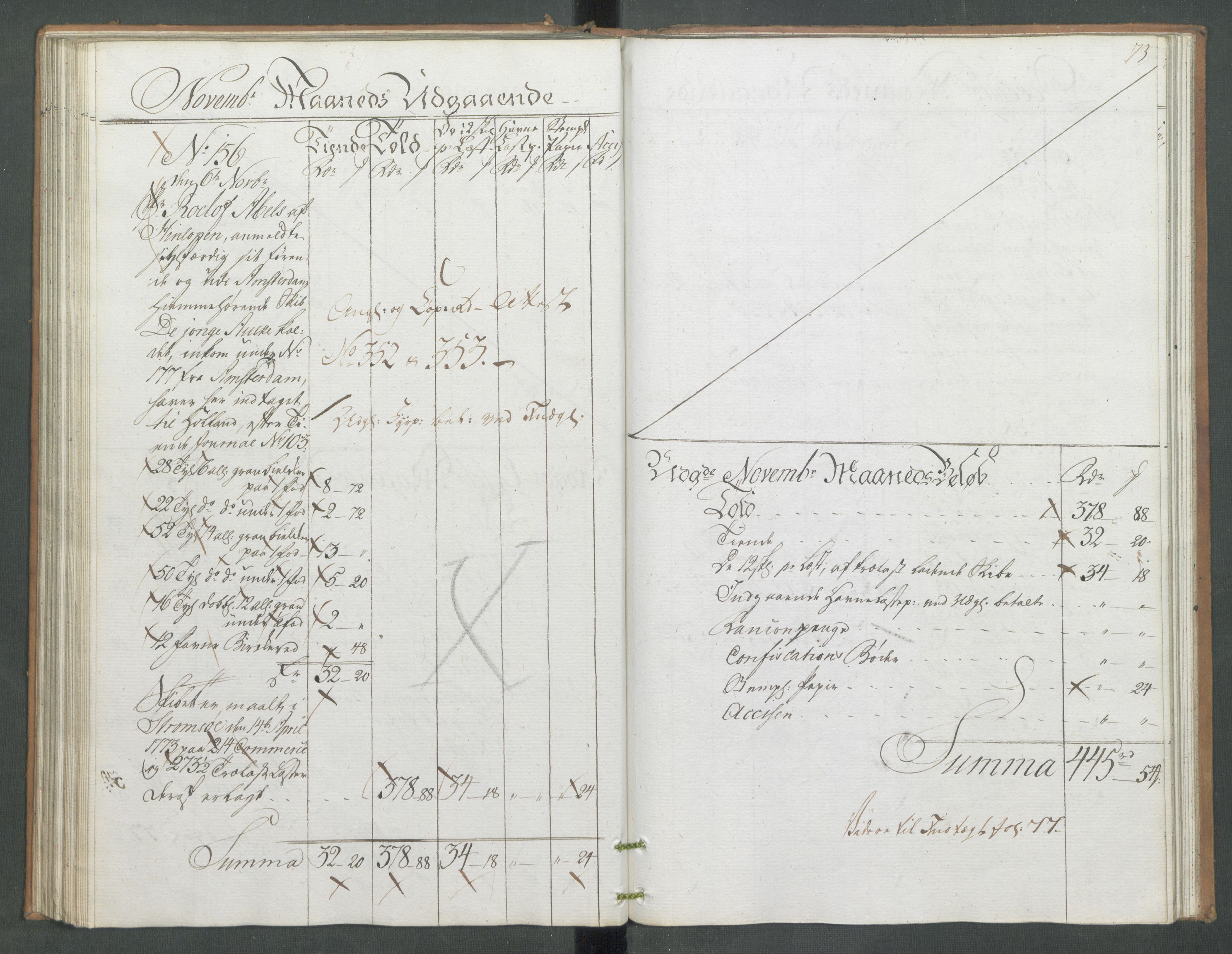 Generaltollkammeret, tollregnskaper, AV/RA-EA-5490/R09/L0079/0001: Tollregnskaper Holmestrand / Utgående hovedtollbok, 1786, p. 72b-73a