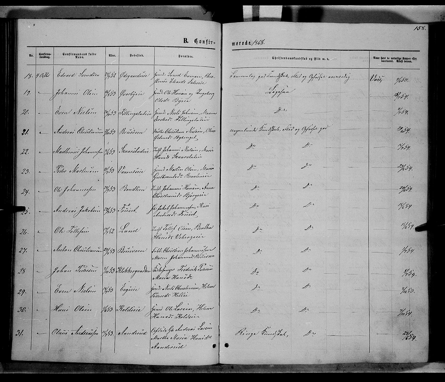 Vardal prestekontor, SAH/PREST-100/H/Ha/Hab/L0006: Parish register (copy) no. 6, 1869-1881, p. 158