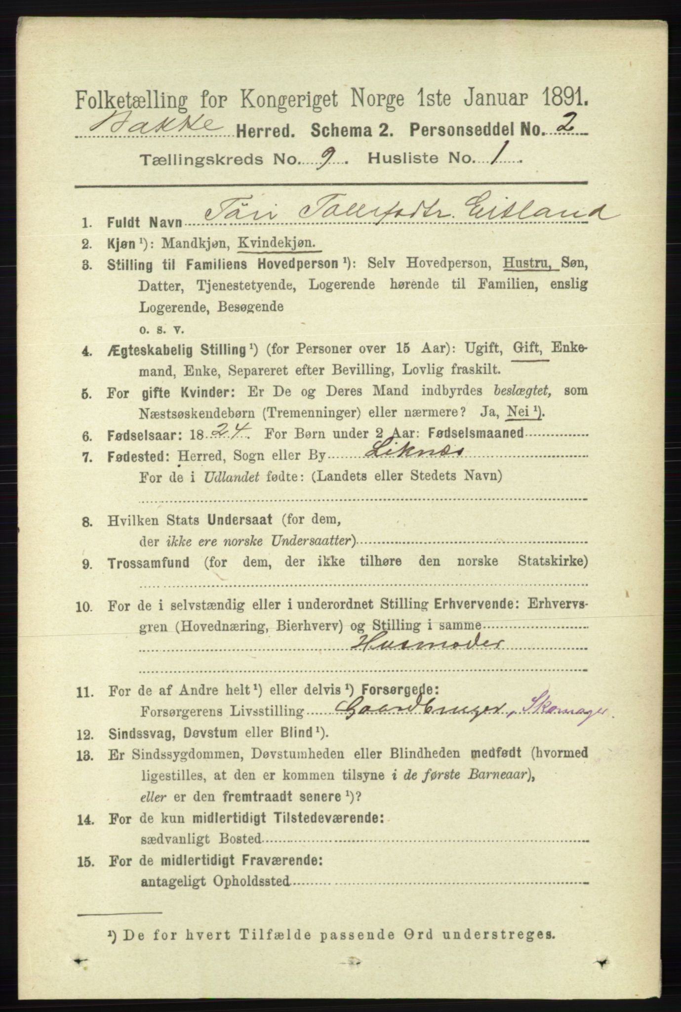 RA, 1891 census for 1045 Bakke, 1891, p. 1754