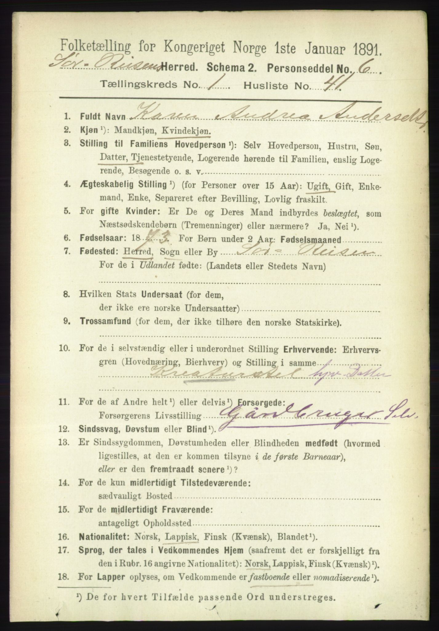 RA, 1891 census for 1925 Sørreisa, 1891, p. 327