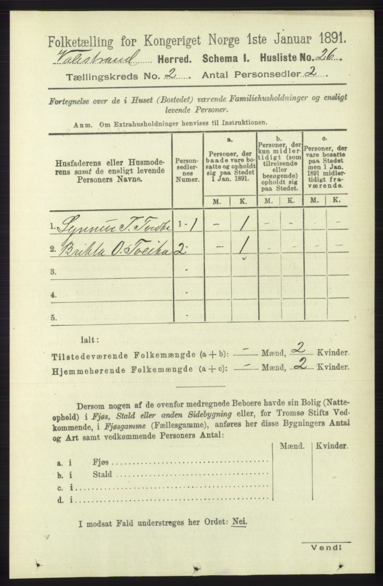 RA, 1891 census for 1217 Valestrand, 1891, p. 285