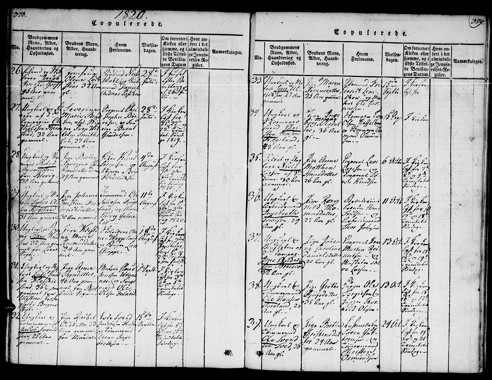 Kristiansand domprosti, SAK/1112-0006/F/Fb/L0001: Parish register (copy) no. B 1, 1818-1821, p. 378-379