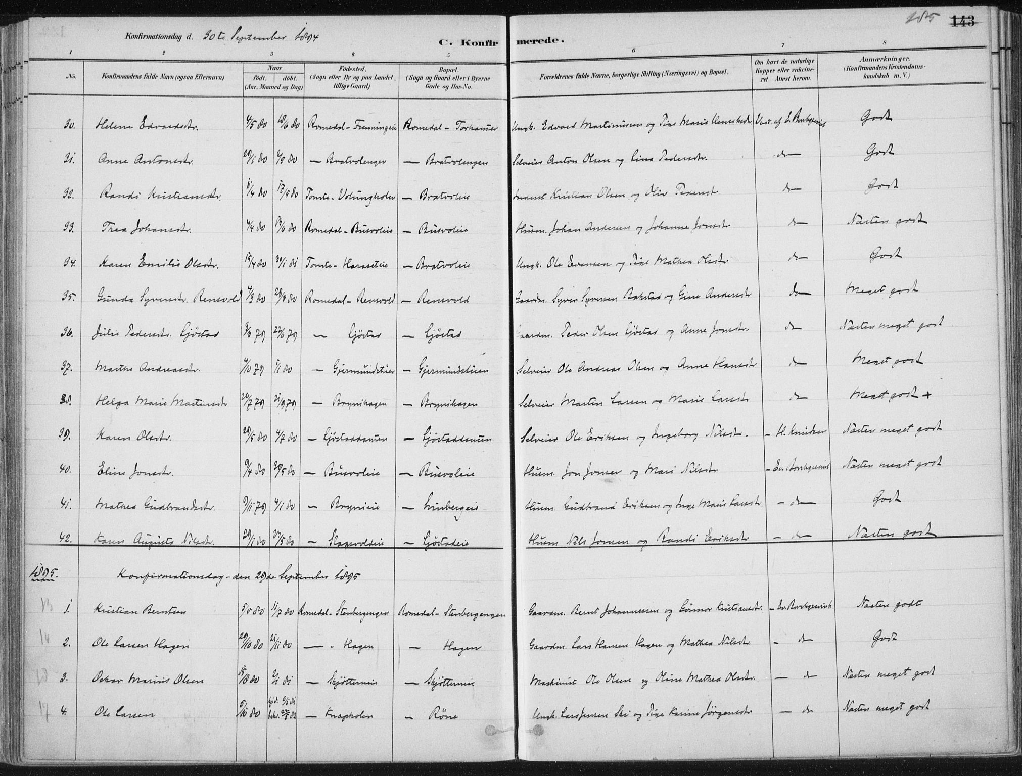 Romedal prestekontor, SAH/PREST-004/K/L0010: Parish register (official) no. 10, 1880-1895, p. 185