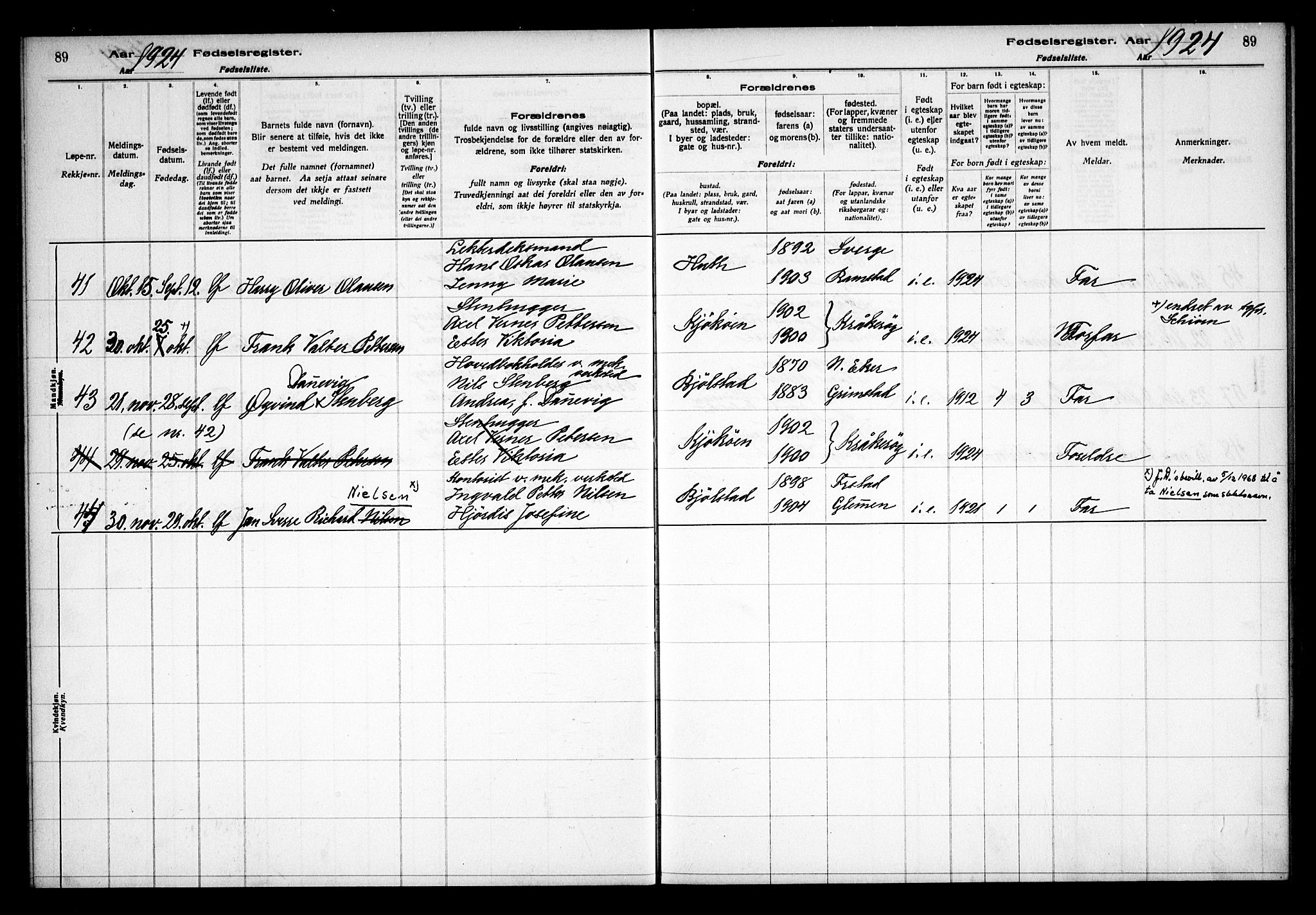 Kråkerøy prestekontor Kirkebøker, AV/SAO-A-10912/J/Ja/L0001: Birth register no. 1, 1916-1938, p. 89