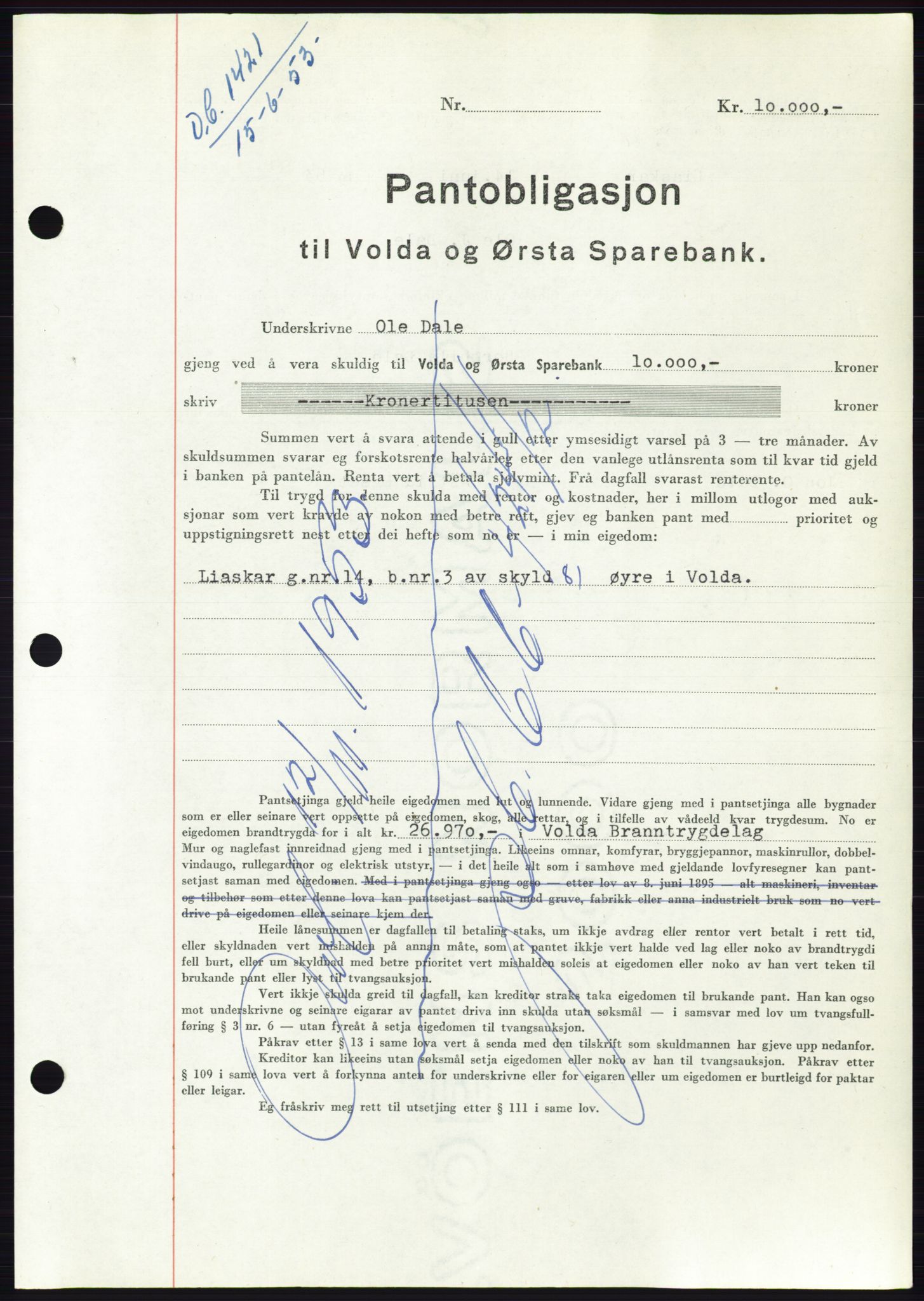 Søre Sunnmøre sorenskriveri, SAT/A-4122/1/2/2C/L0123: Mortgage book no. 11B, 1953-1953, Diary no: : 1421/1953
