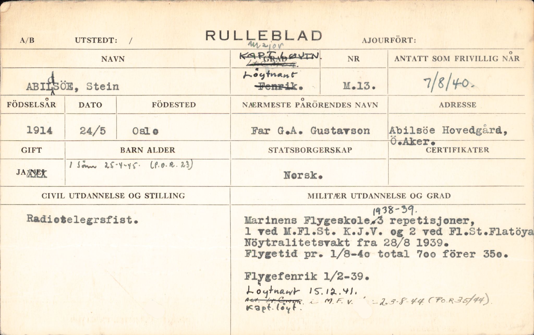 Forsvaret, Rygge hovedflystasjon, AV/RA-RAFA-2298/P/Pd/L0031: Abildsø, Stein Gustafson - Holter, Anders Børre - f. 1914, 1914, p. 11
