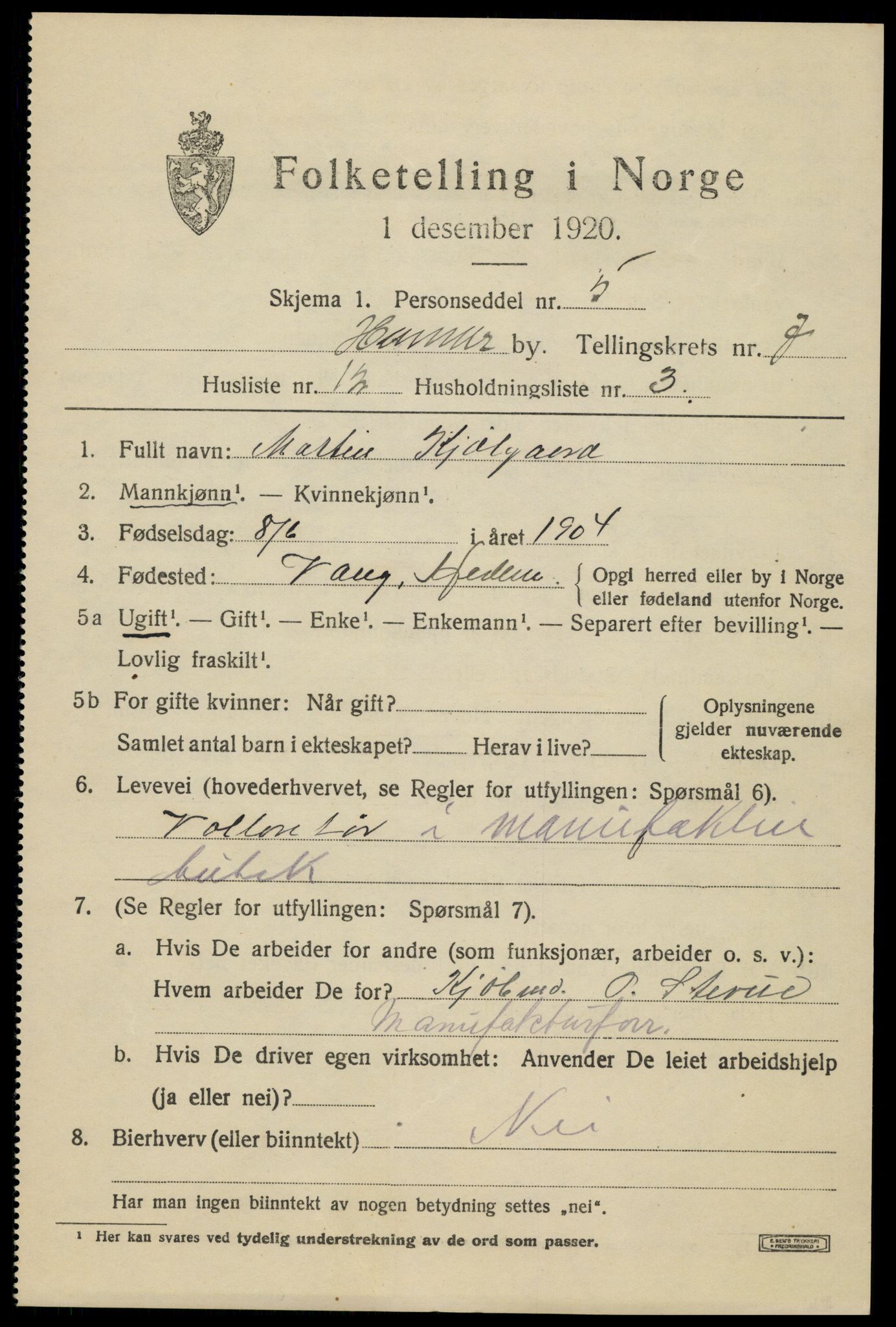 SAH, 1920 census for Hamar, 1920, p. 13019