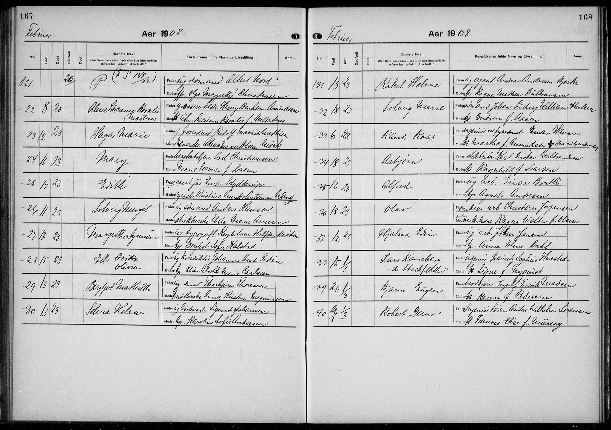 Rikshospitalet prestekontor Kirkebøker, AV/SAO-A-10309b/K/L0006/0002: Baptism register no. 6.2, 1906-1908, p. 167-168