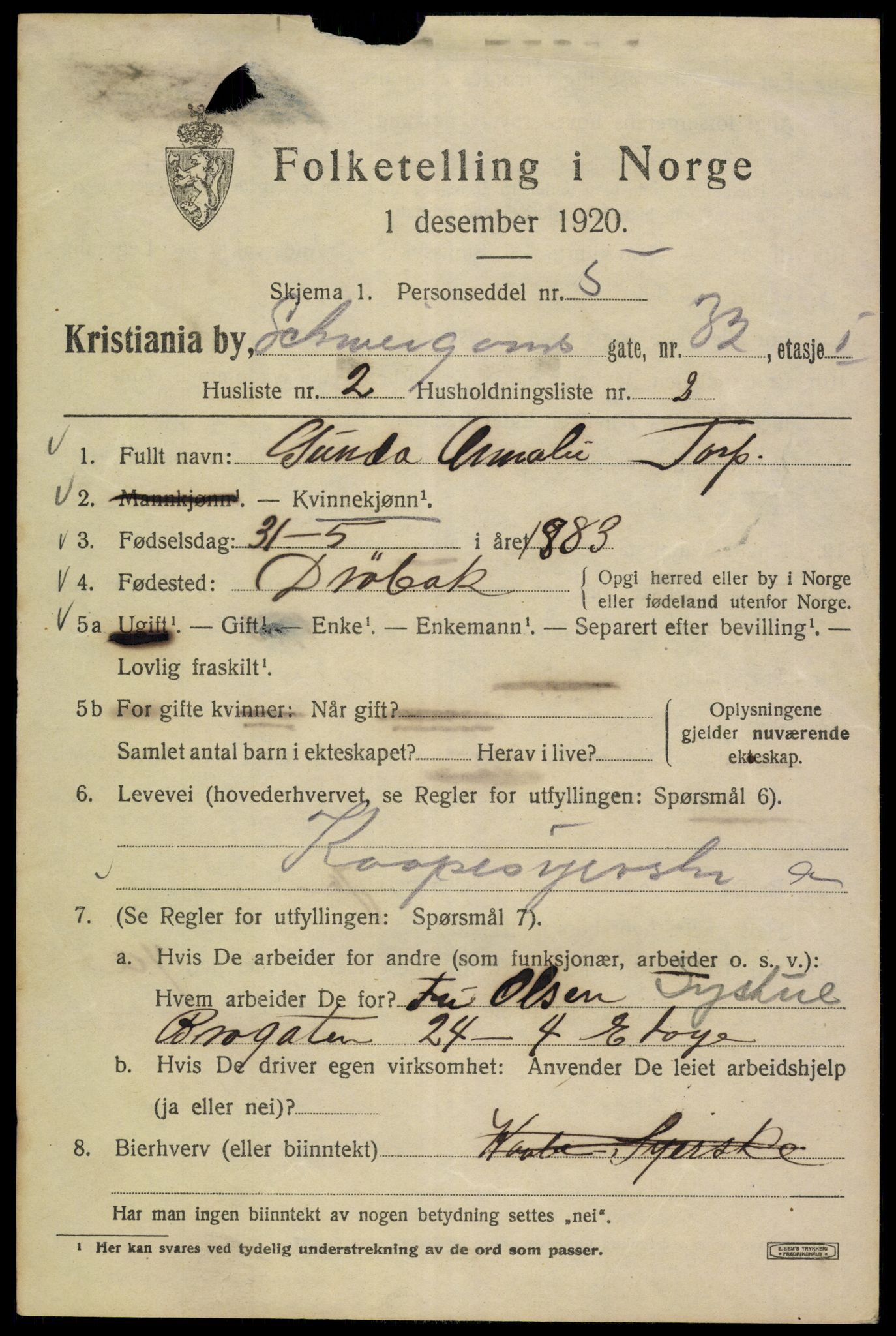 SAO, 1920 census for Kristiania, 1920, p. 492489