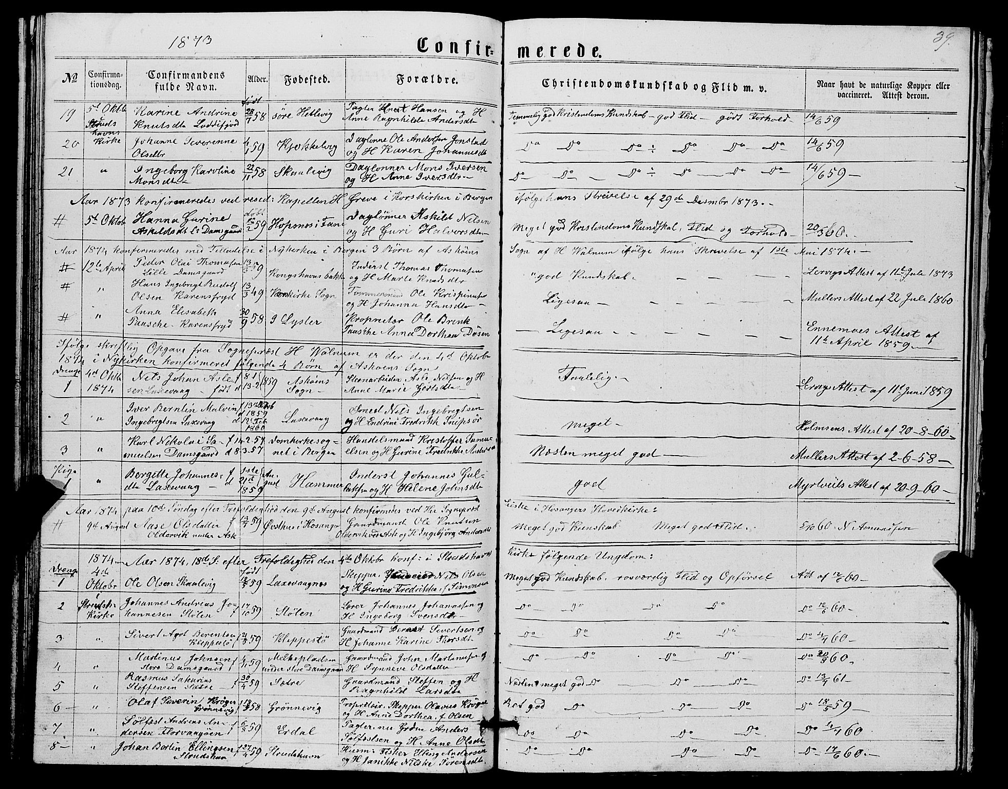 Askøy Sokneprestembete, SAB/A-74101/H/Ha/Hab/Haba/L0006: Parish register (copy) no. A 6, 1861-1881, p. 39