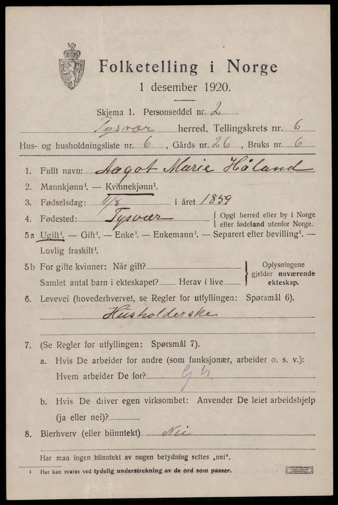 SAST, 1920 census for Tysvær, 1920, p. 2144