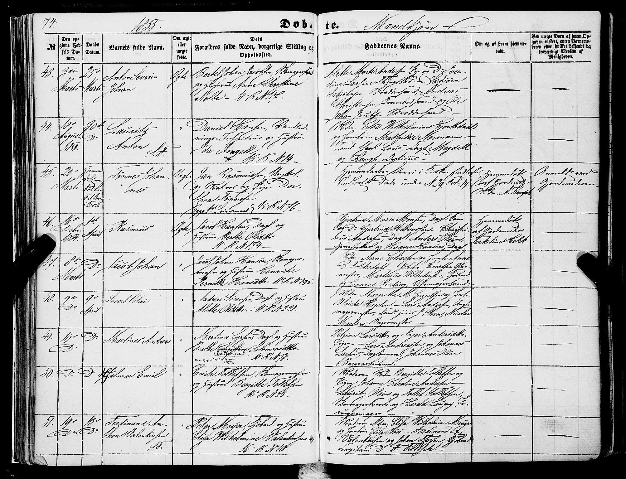 Domkirken sokneprestembete, SAB/A-74801/H/Haa/L0020: Parish register (official) no. B 3, 1851-1859, p. 74