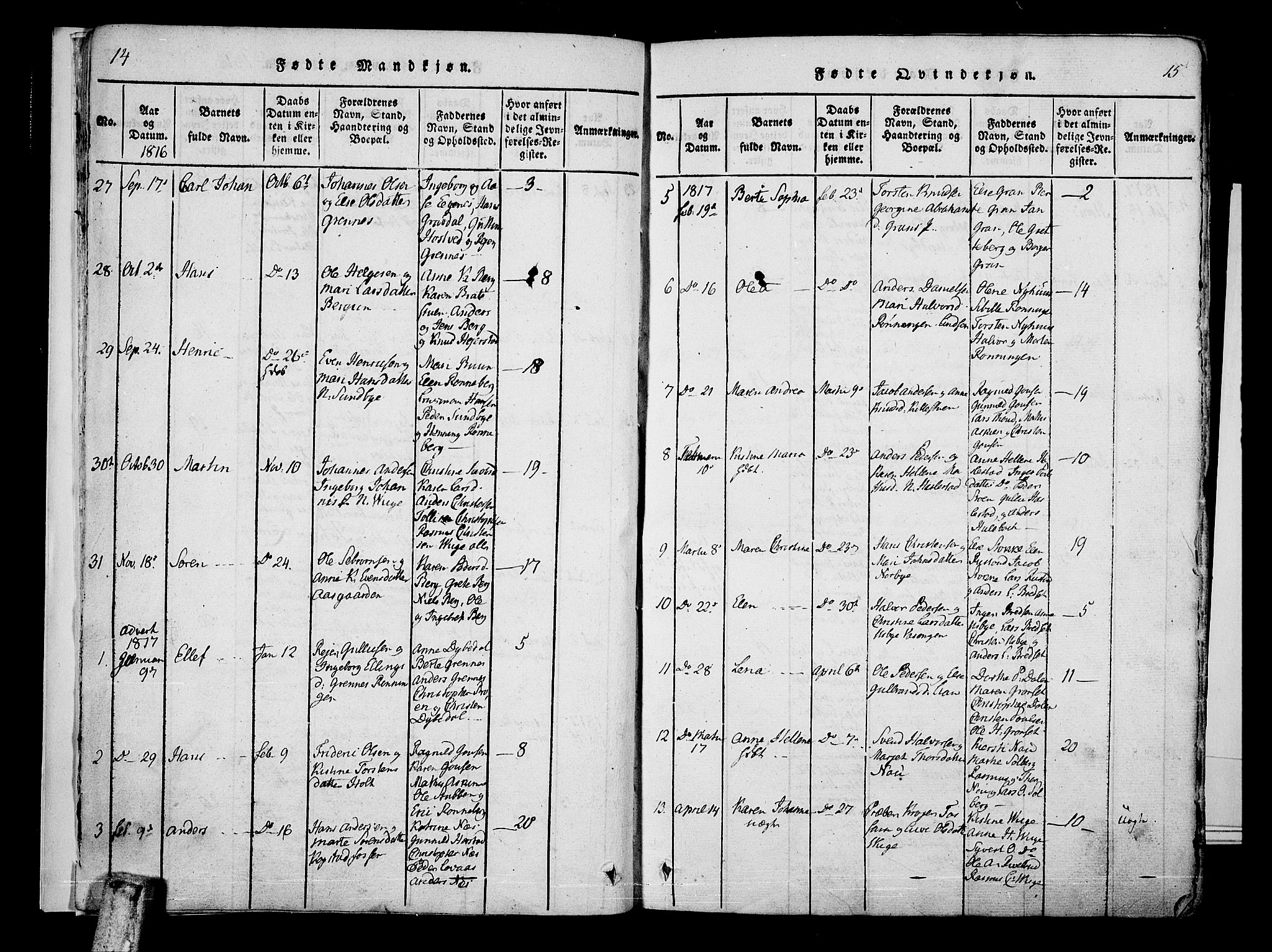 Hof kirkebøker, AV/SAKO-A-64/F/Fa/L0004: Parish register (official) no. I 4, 1814-1843, p. 14-15