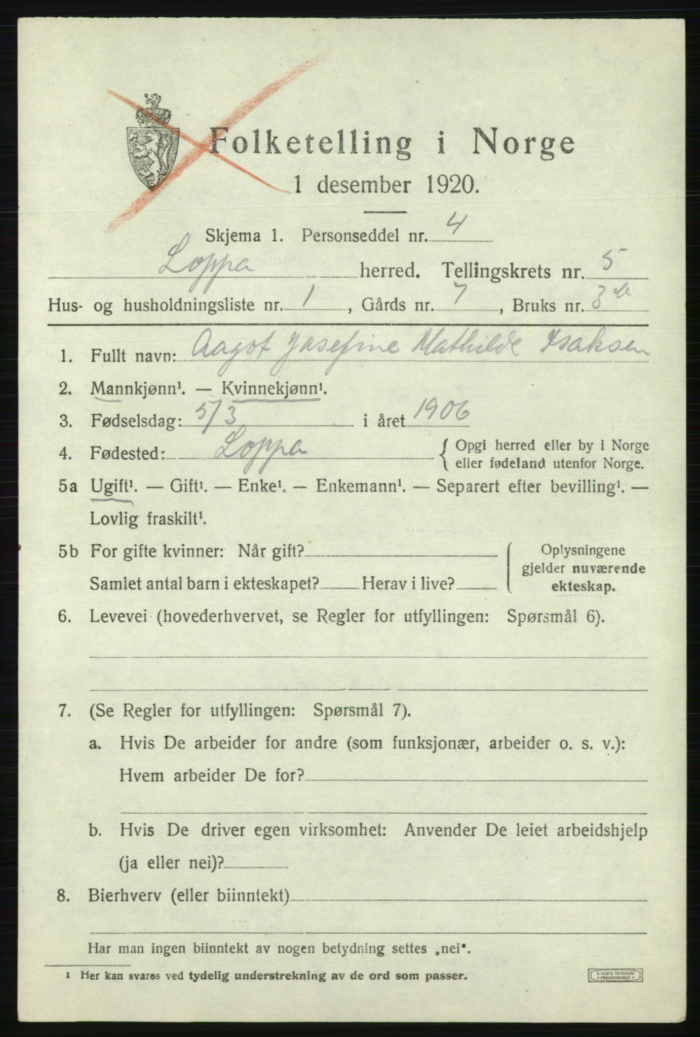 SATØ, 1920 census for Loppa, 1920, p. 1570