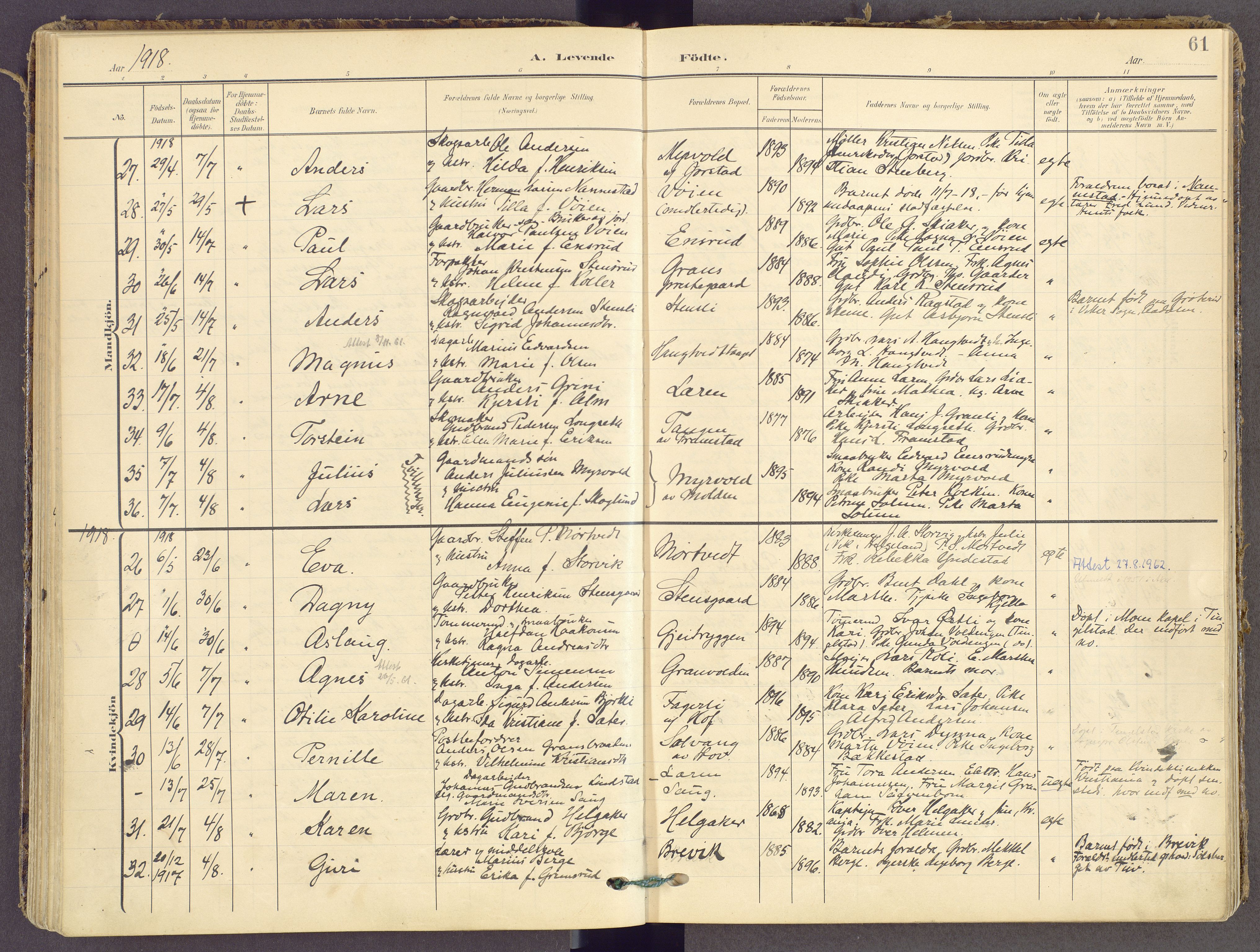 Gran prestekontor, AV/SAH-PREST-112/H/Ha/Haa/L0021: Parish register (official) no. 21, 1908-1932, p. 61