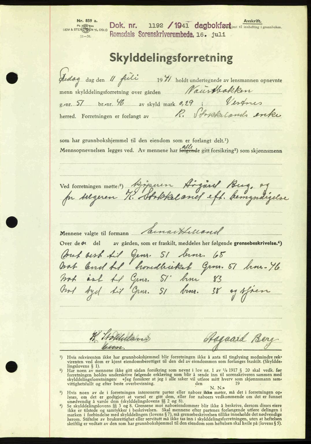 Romsdal sorenskriveri, AV/SAT-A-4149/1/2/2C: Mortgage book no. A10, 1941-1941, Diary no: : 1192/1941