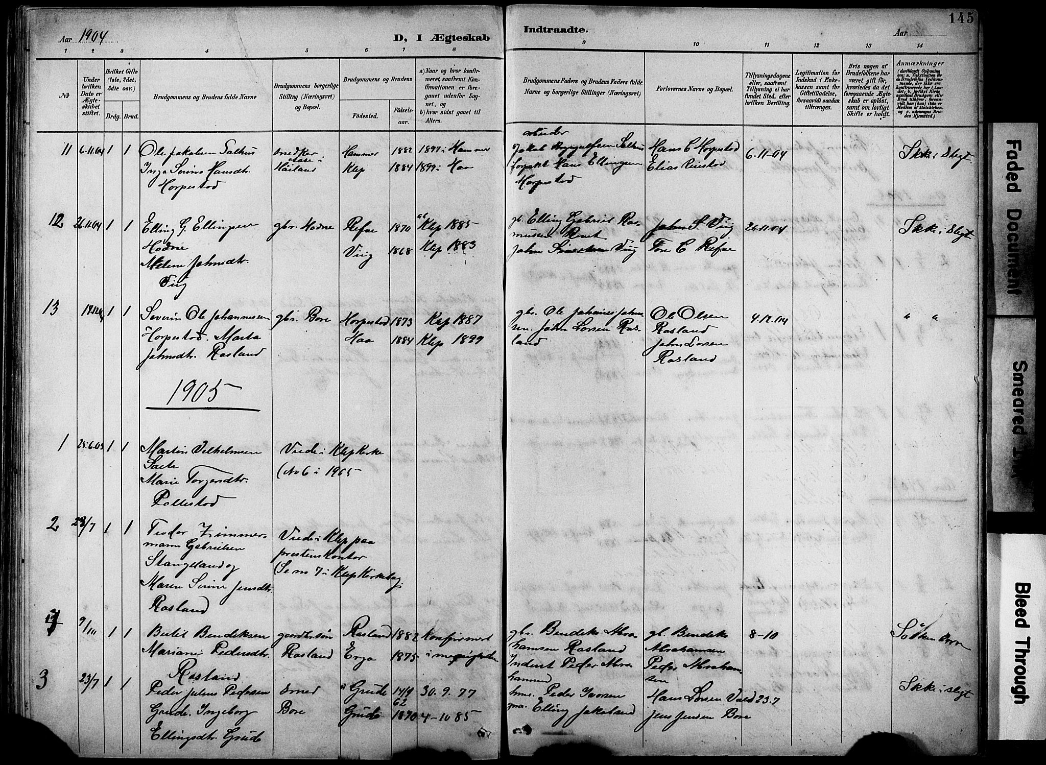 Klepp sokneprestkontor, SAST/A-101803/001/3/30BB/L0005: Parish register (copy) no. B 5, 1889-1918, p. 145