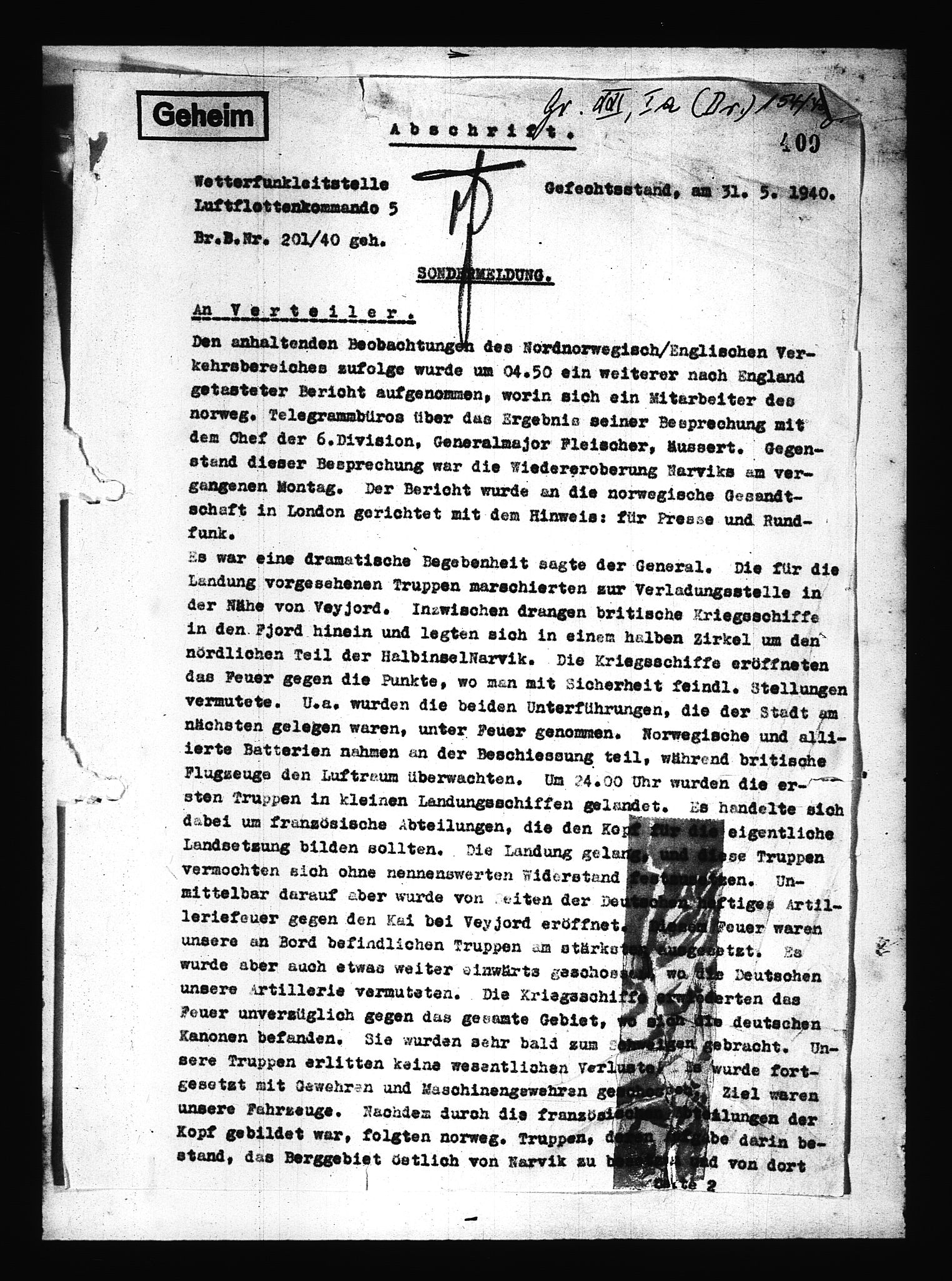 Documents Section, AV/RA-RAFA-2200/V/L0080: Amerikansk mikrofilm "Captured German Documents".
Box No. 719.  FKA jnr. 619/1954., 1940, p. 154