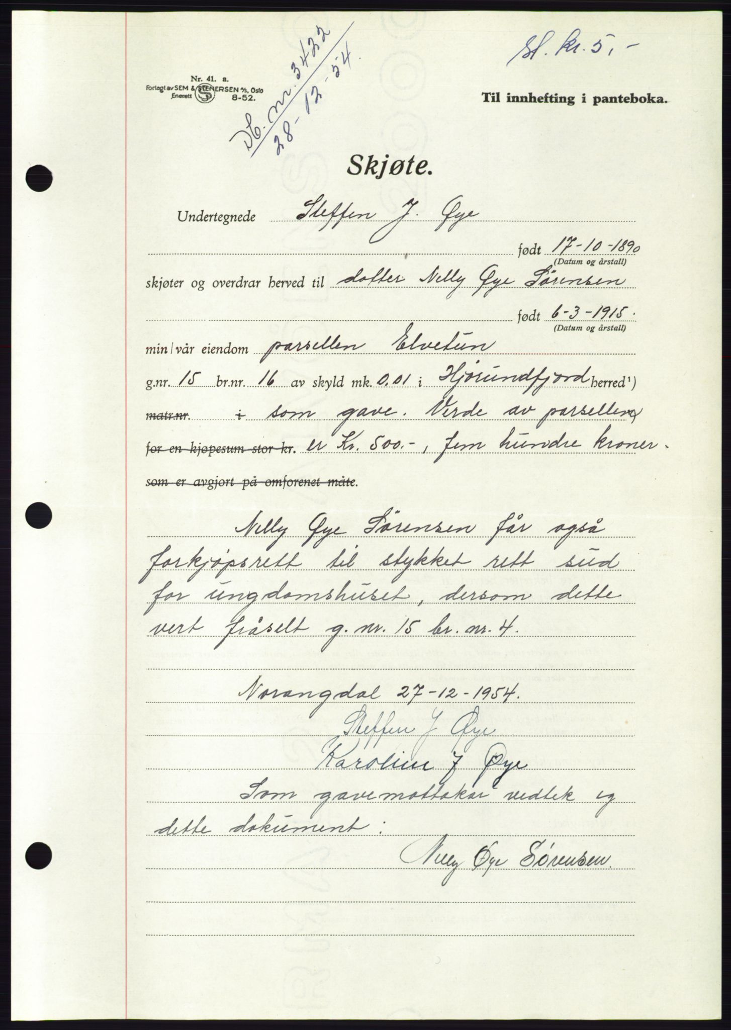 Søre Sunnmøre sorenskriveri, AV/SAT-A-4122/1/2/2C/L0100: Mortgage book no. 26A, 1954-1955, Diary no: : 3422/1954