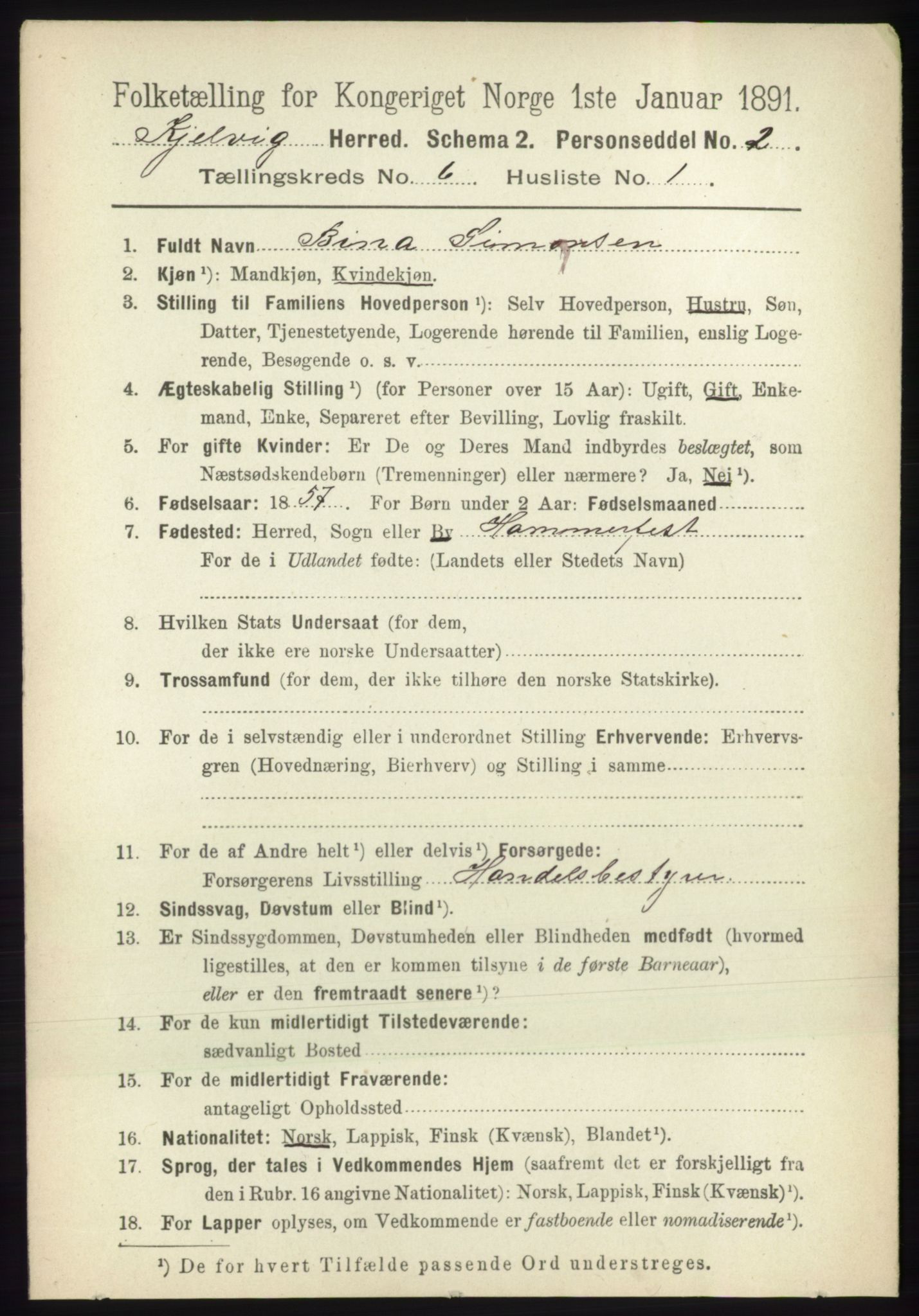 RA, 1891 census for 2019 Kjelvik, 1891, p. 629