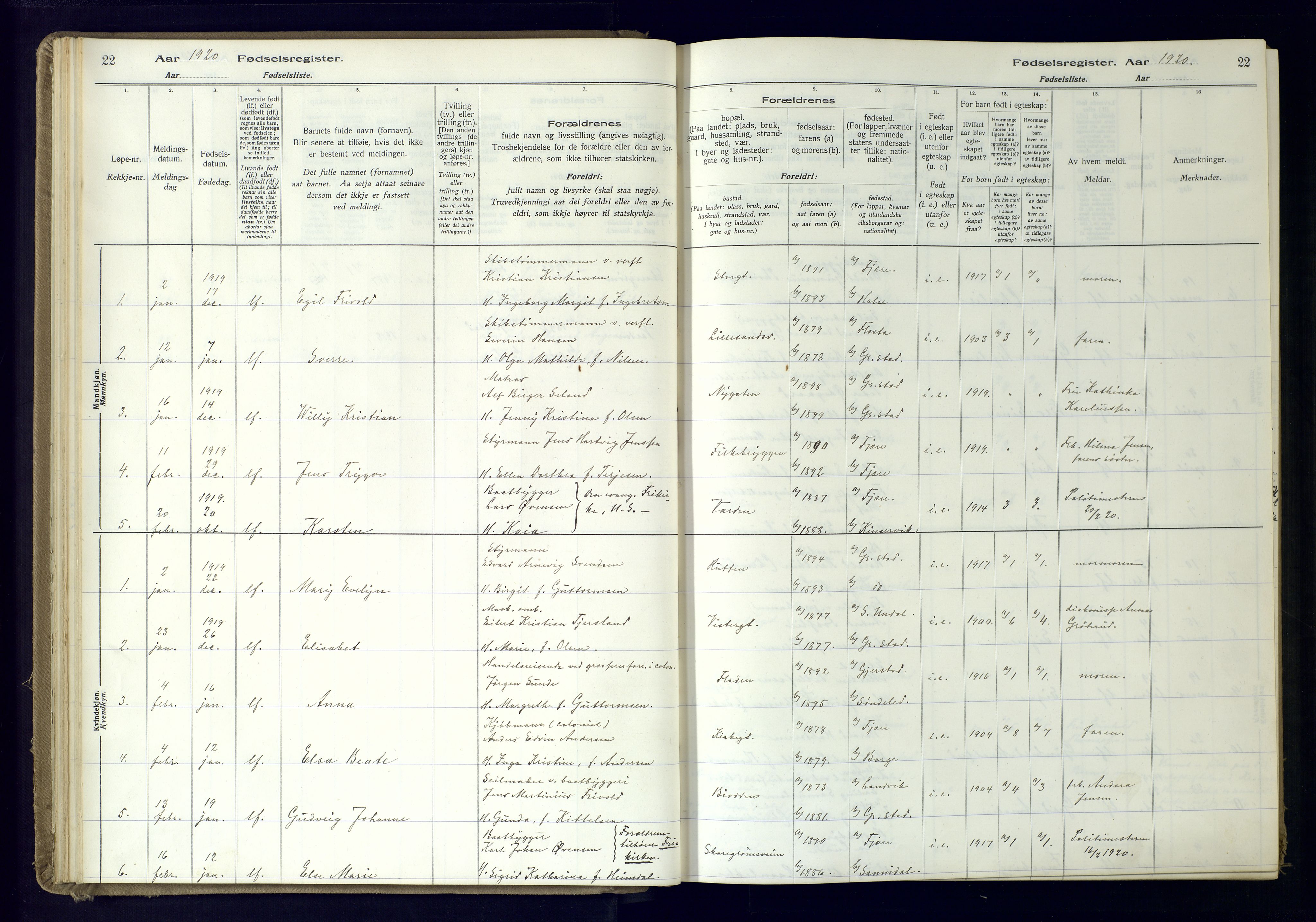 Grimstad sokneprestkontor, AV/SAK-1111-0017/J/Ja/L0001: Birth register no. 1, 1916-1960, p. 22