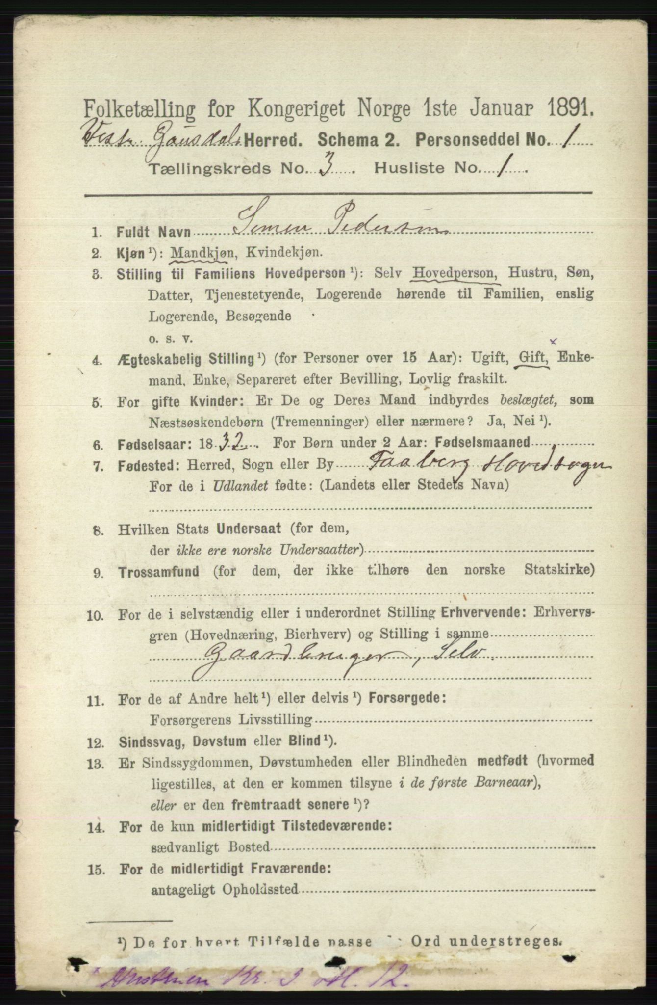 RA, 1891 census for 0523 Vestre Gausdal, 1891, p. 1254