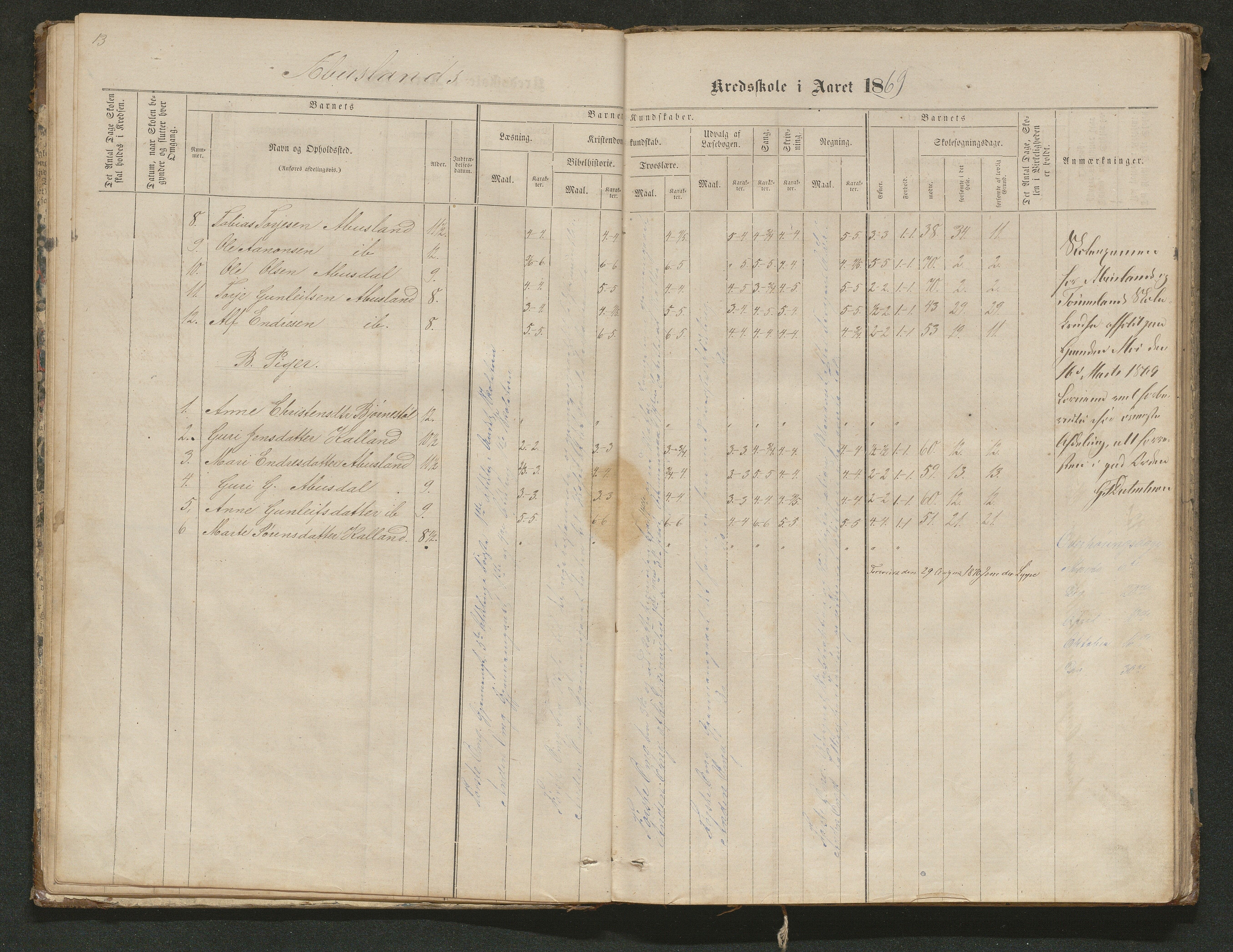 Hornnes kommune, Tønnesvold, Abusland skolekretser, AAKS/KA0936-550g/F1/L0001: Skoleprotokoll Abusland, Tønnesvold, 1864-1896, p. 13