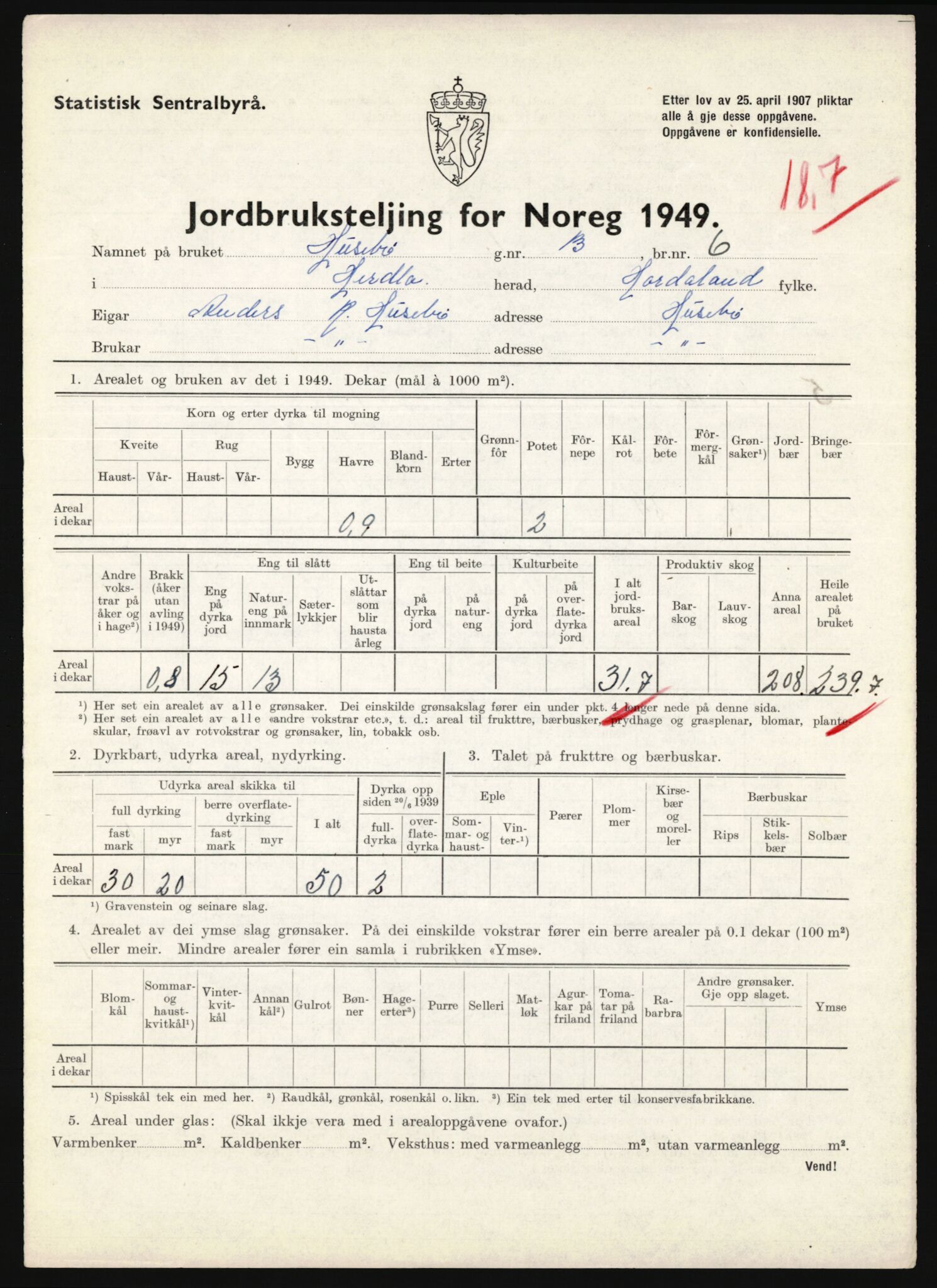 Statistisk sentralbyrå, Næringsøkonomiske emner, Jordbruk, skogbruk, jakt, fiske og fangst, AV/RA-S-2234/G/Gc/L0276: Hordaland: Herdla og Hjelme, 1949, p. 1006