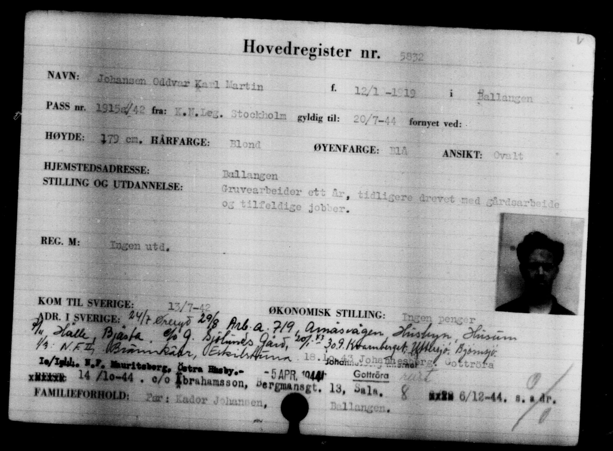 Utenriksstasjonene, Legasjonen i Stockholm, Flyktningkontoret, AV/RA-S-6753/V/Va/L0004: Kjesäterkartoteket, flyktninger med registreringsnr. 3496-6610, 1940-1945, p. 2717