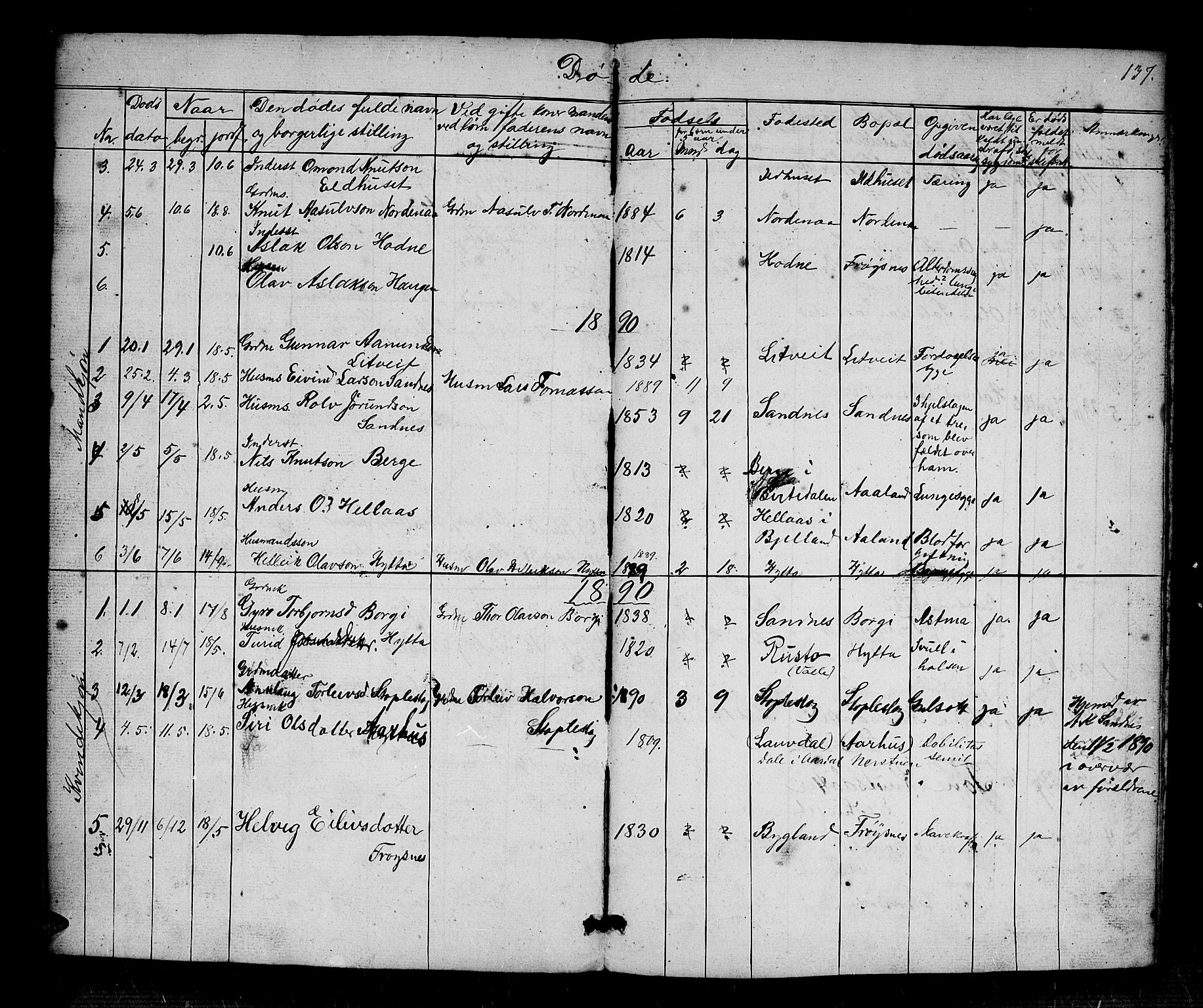 Bygland sokneprestkontor, AV/SAK-1111-0006/F/Fb/Fbc/L0001: Parish register (copy) no. B 1, 1848-1894, p. 137