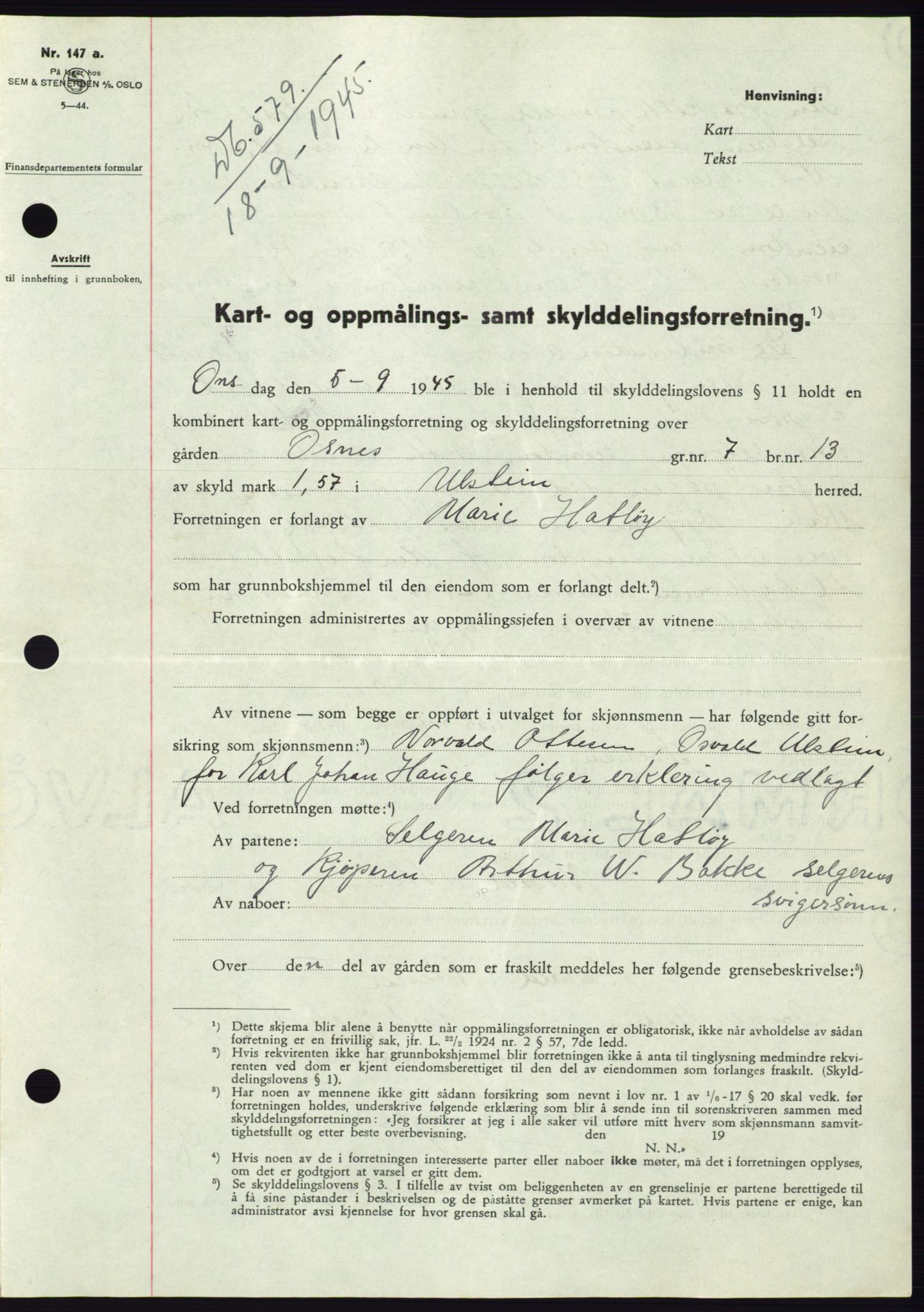 Søre Sunnmøre sorenskriveri, AV/SAT-A-4122/1/2/2C/L0077: Mortgage book no. 3A, 1945-1946, Diary no: : 579/1945