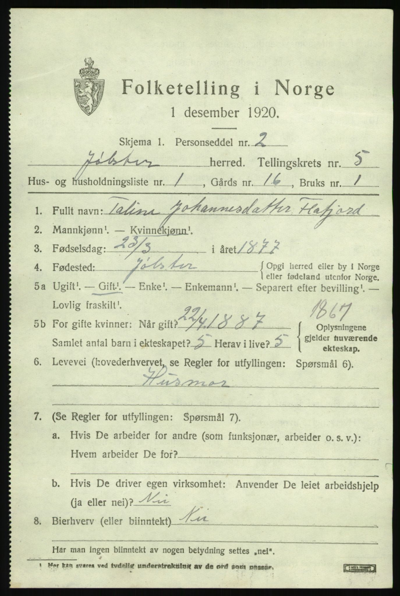 SAB, 1920 census for Jølster, 1920, p. 2928