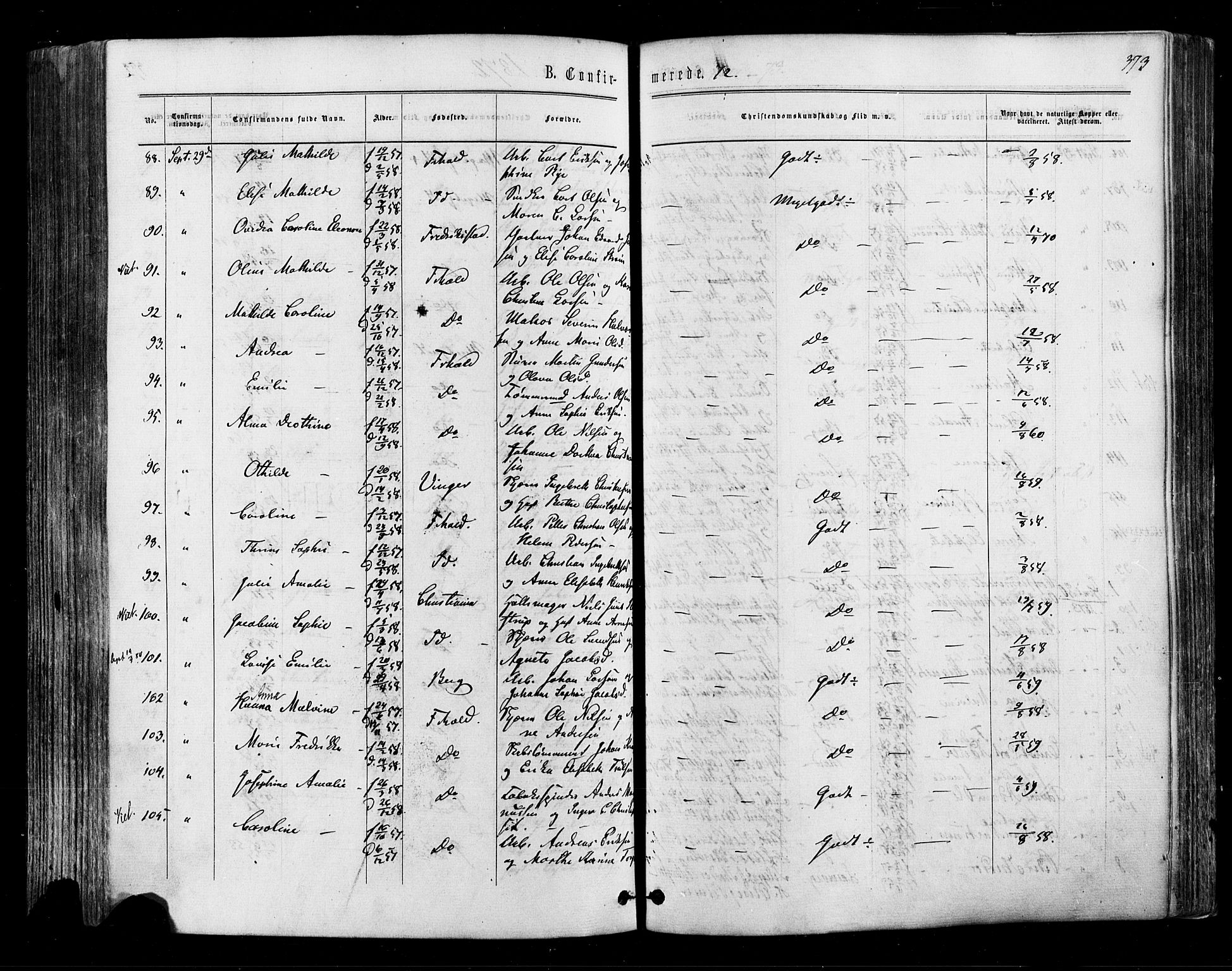 Halden prestekontor Kirkebøker, AV/SAO-A-10909/F/Fa/L0009: Parish register (official) no. I 9, 1866-1877, p. 373